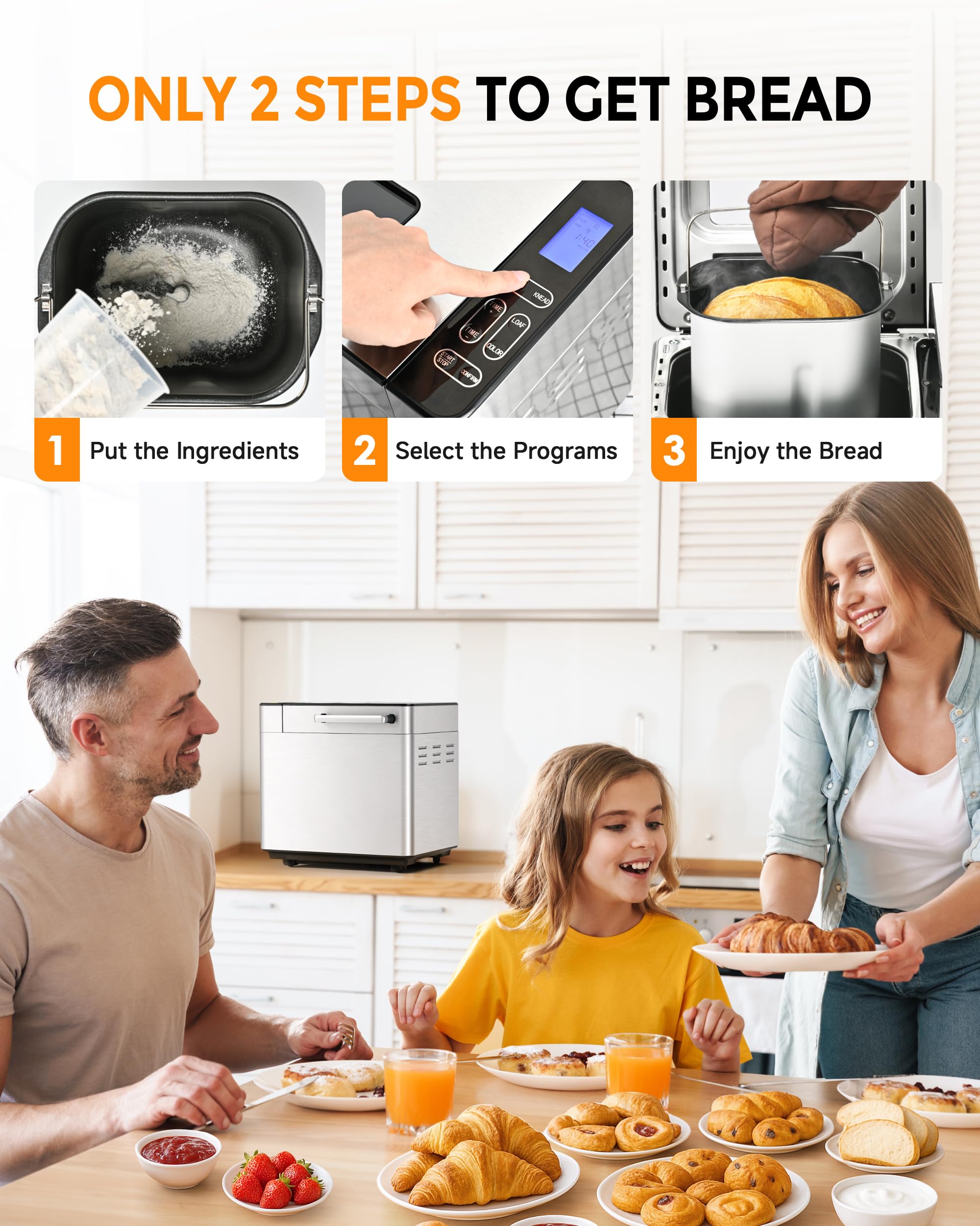 EUHOMY Bread Maker Machine 13 Program 2LB Bread Maker, Bread Machine with 3 Loaf Sizes and 3 Crust Colors, Breadmaker with Fruit