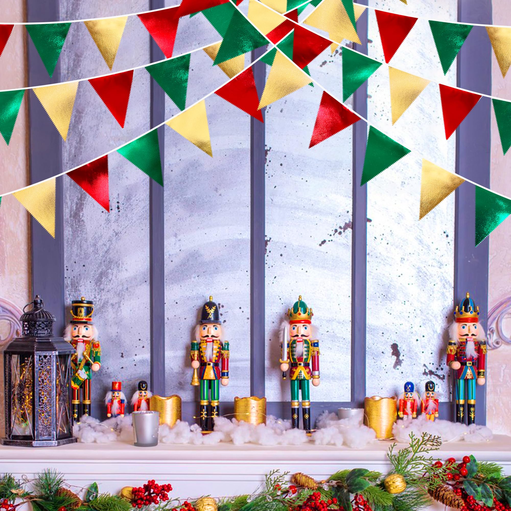 Christmas Party Decorations Triangle Pennant Banner Flag Red Green Gold Metallic Fabric Bunting Garland For Xmas Holiday Wedding