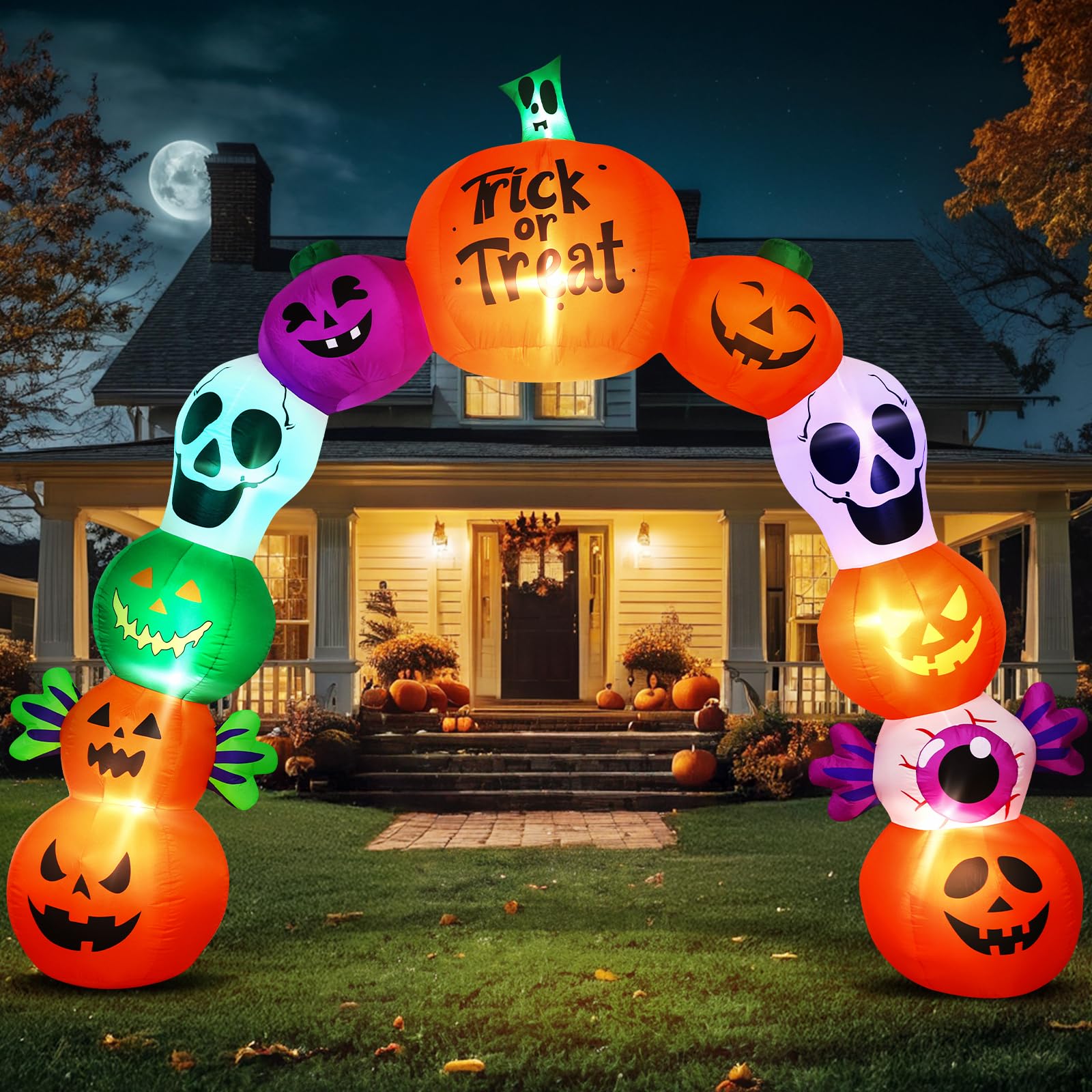 10FT Halloween Inflatables Pumpkin Skeleton Archway with Built-in LED Lights - Blow Up Yard Decoration with Candy Pumpkins for I