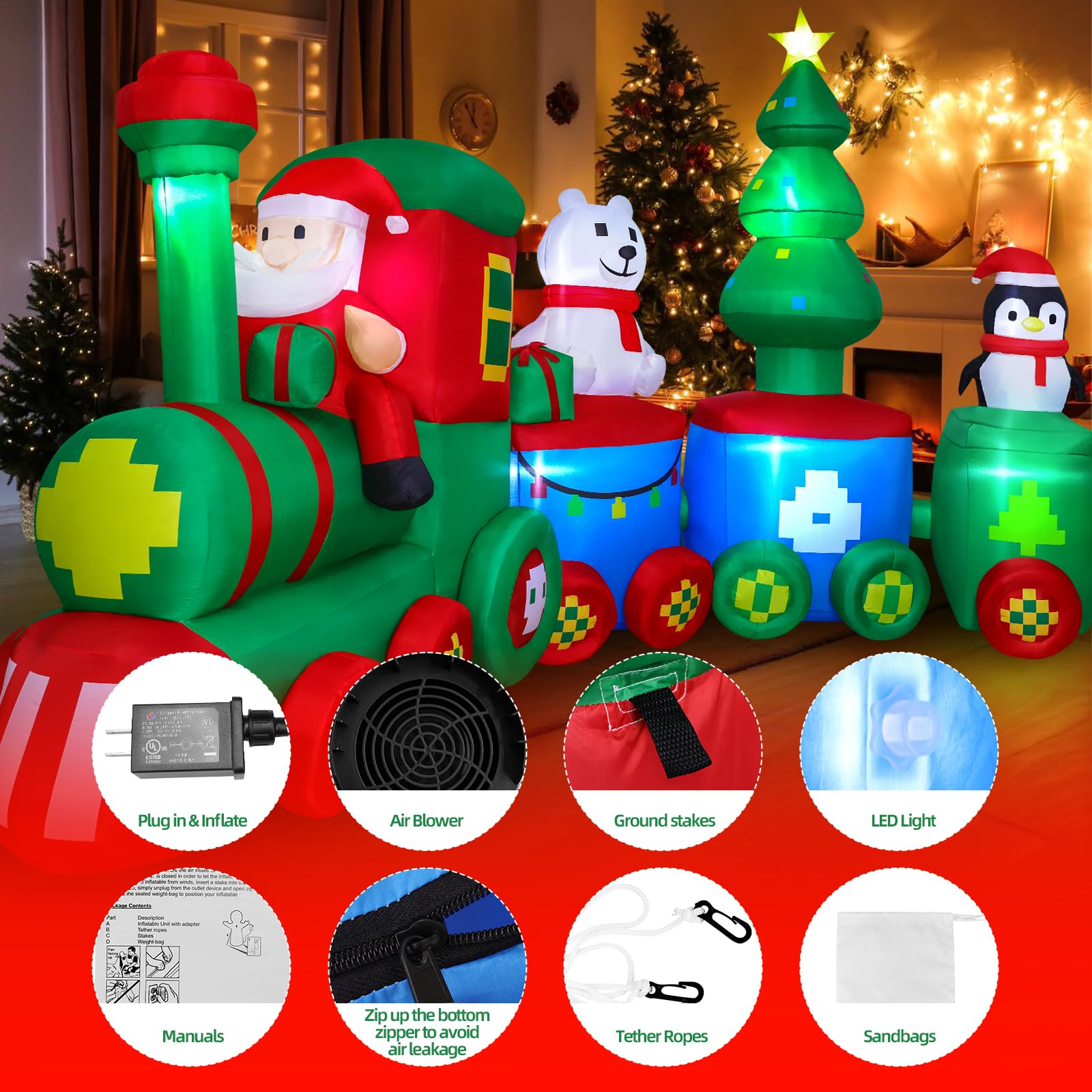 MGparty 14FT Christmas Inflatables Train with Santa Claus Bear Penguin Christmas Tress Built-in LED Lights Blow Up for Party Hol