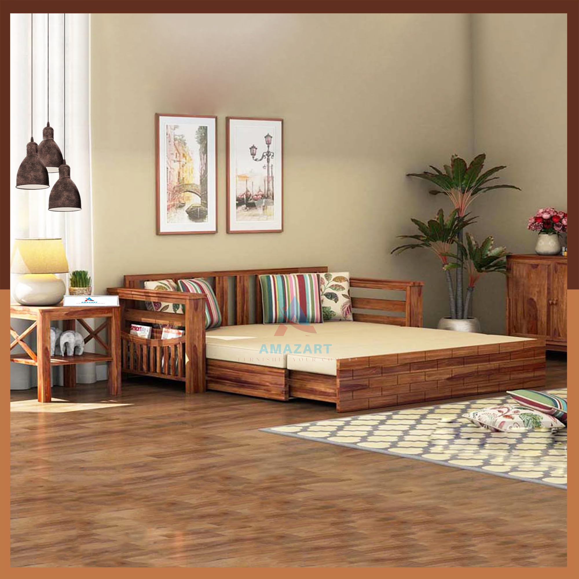 Amazart Furniture Solid Sheesham Wood Convertible 3 Seater Sofa Cum Bed With Headboard And Storage Armrest, Folding Queen Size D