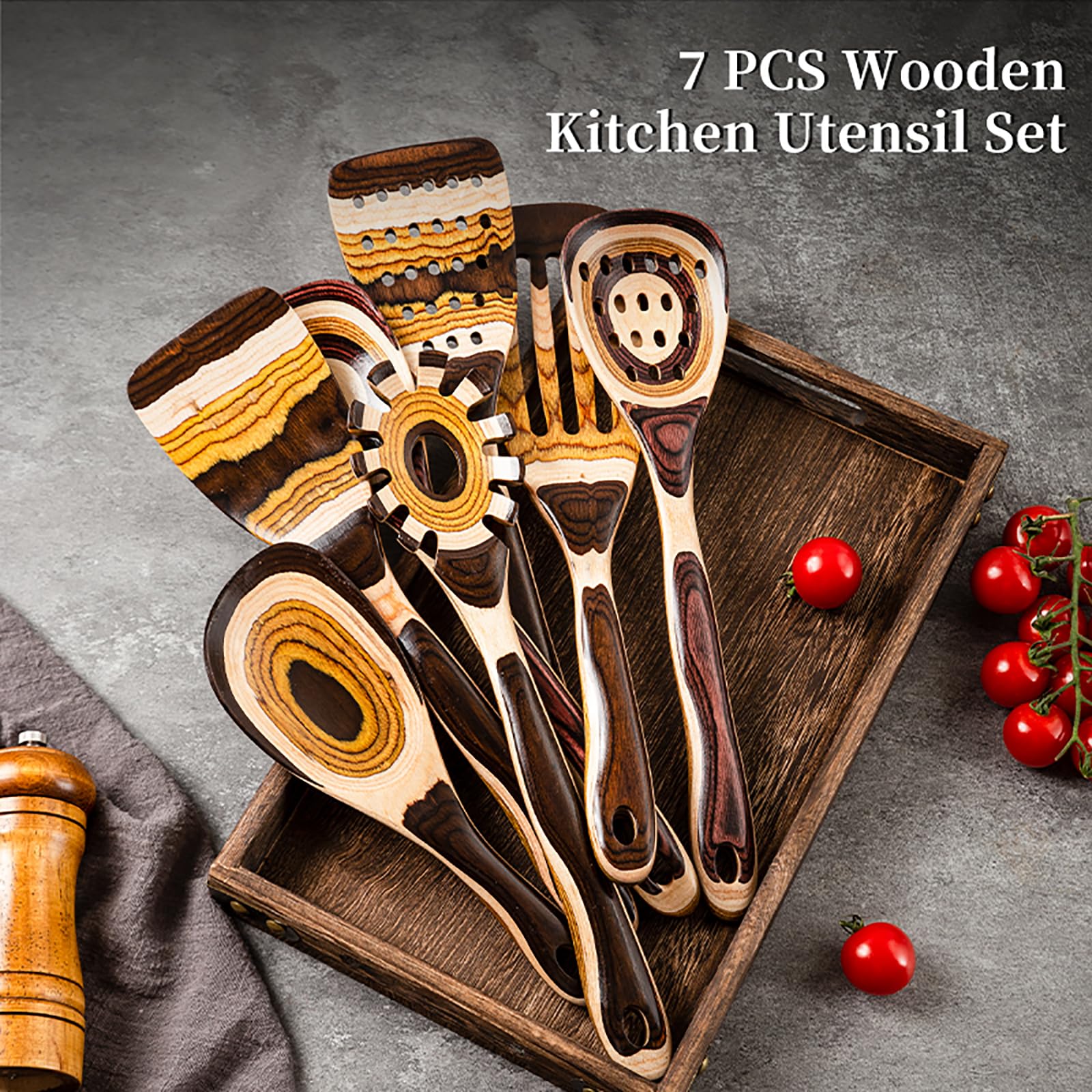 Gudamaye 7-Piece Brown Pakkawood Utensils Set - Sturdy, Eco-Friendly, Wooden Spoons For Cooking, Wooden Utensil For Cooking, Woo