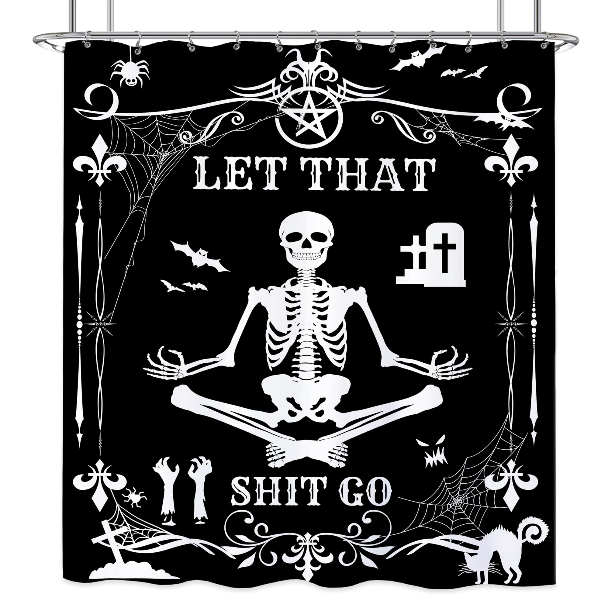 Laifzere Funny Black Skull Goth Shower Curtain Let That Shit Go Shower Curtain For Bathroom Set Skeleton Halloween Gothic Fun Fa