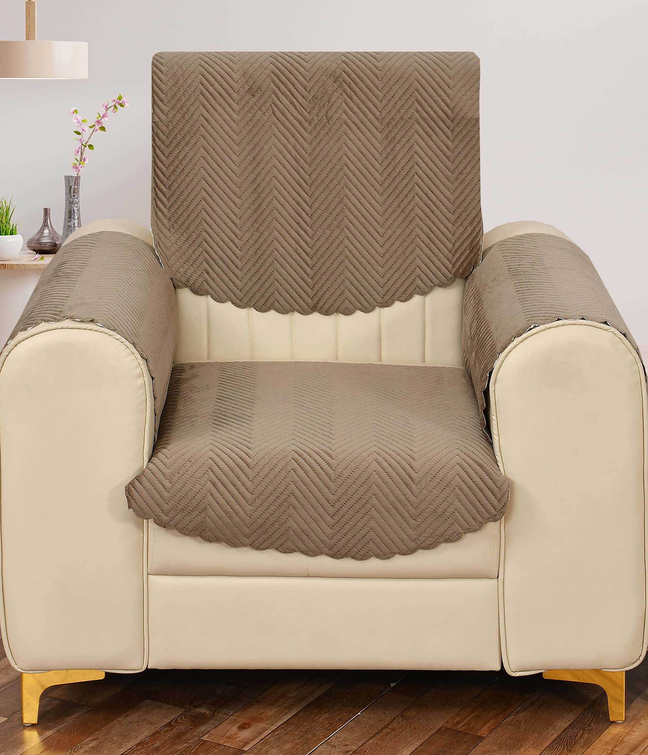 Yellow Weaves 1 Seater Quilted Sofa Chair Cover With Arm Cover, Seat & Back Cover, Color - Greyish Brown