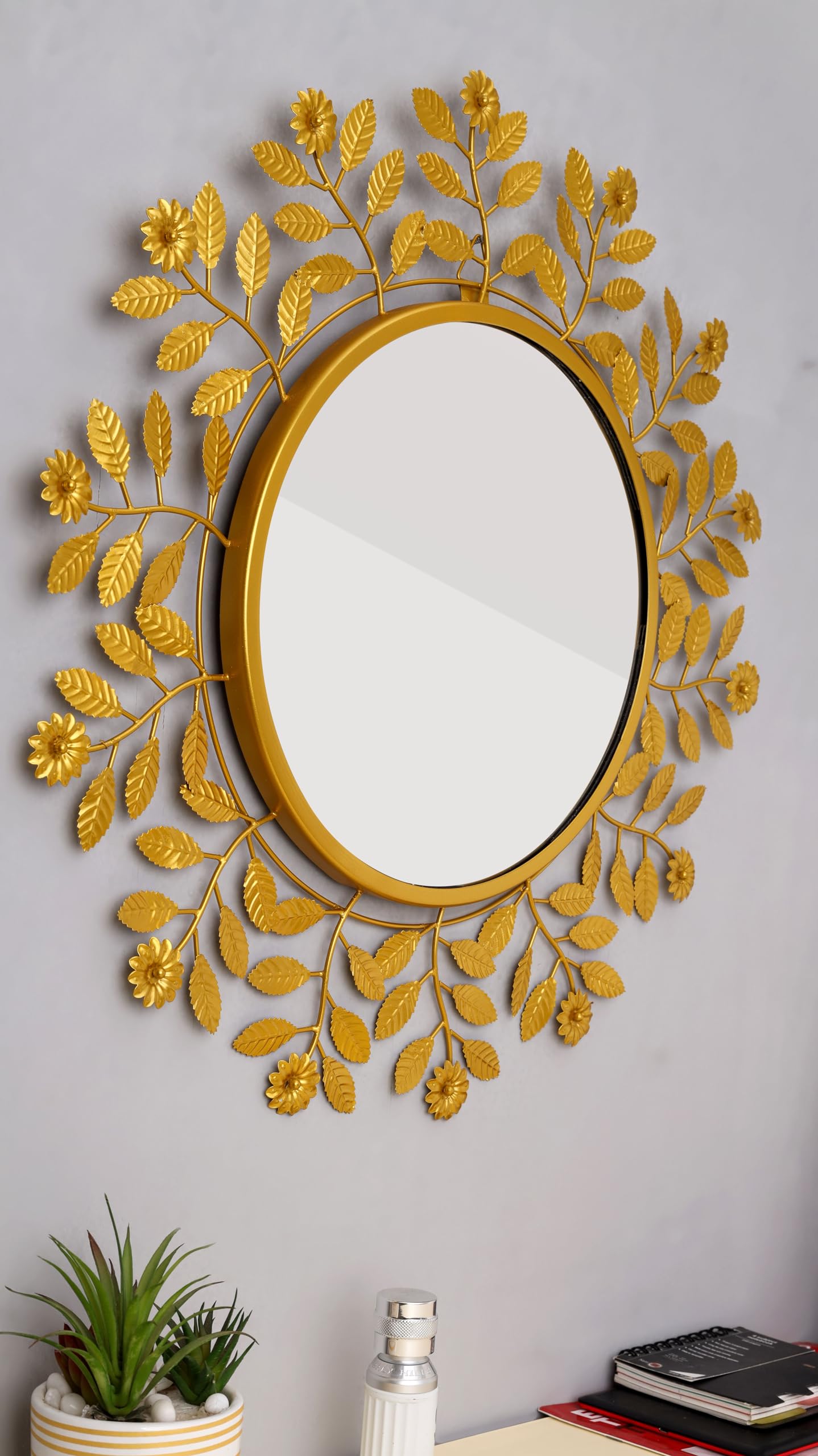 Artemade Iron Framed Decorative Wall Mounted Round Hanging Mirror Sunflower Stems And Leaves Design Golden Modern Art Mirror For
