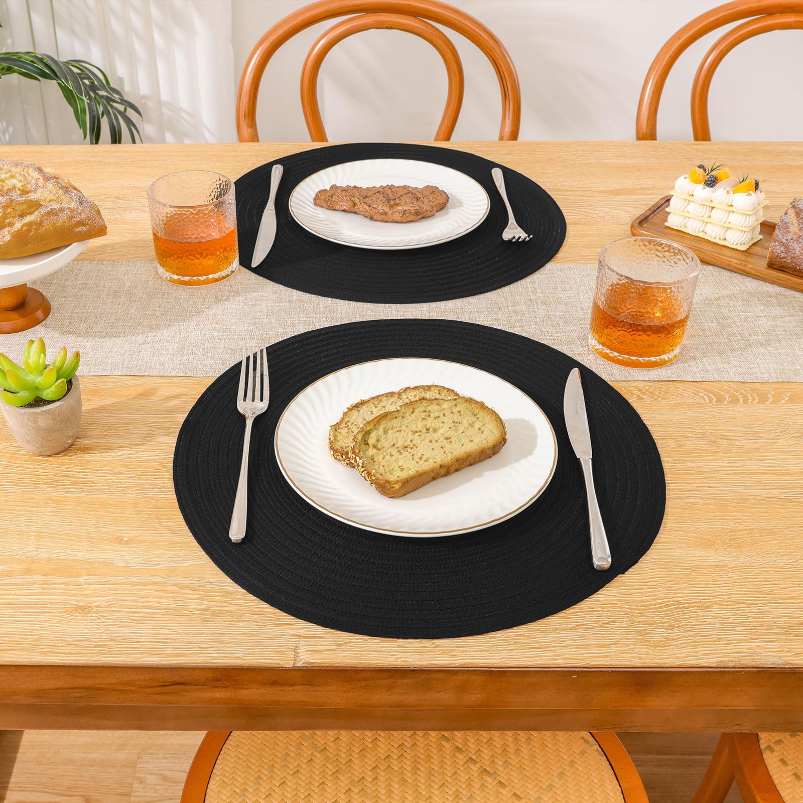SHACOS Round Braided Placemats Set of 6 Cotton Polyester Heavy Duty 15 inch Round Table Mats Washable Heat Resistant Place Mats