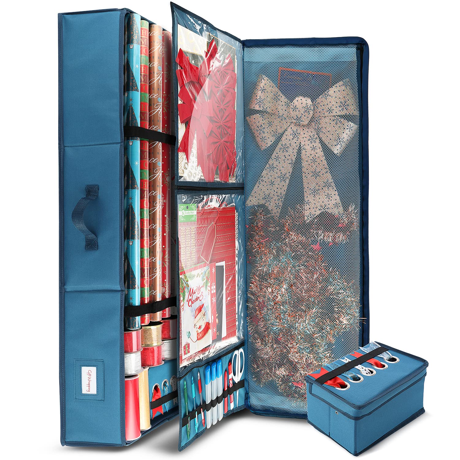 Hearth & Harbor Wrapping Paper Storage Organizer - Large Steel Blue Fabric Under-Bed Box for Holiday & Gift Wrap Storage - Model VDS-HHHS08