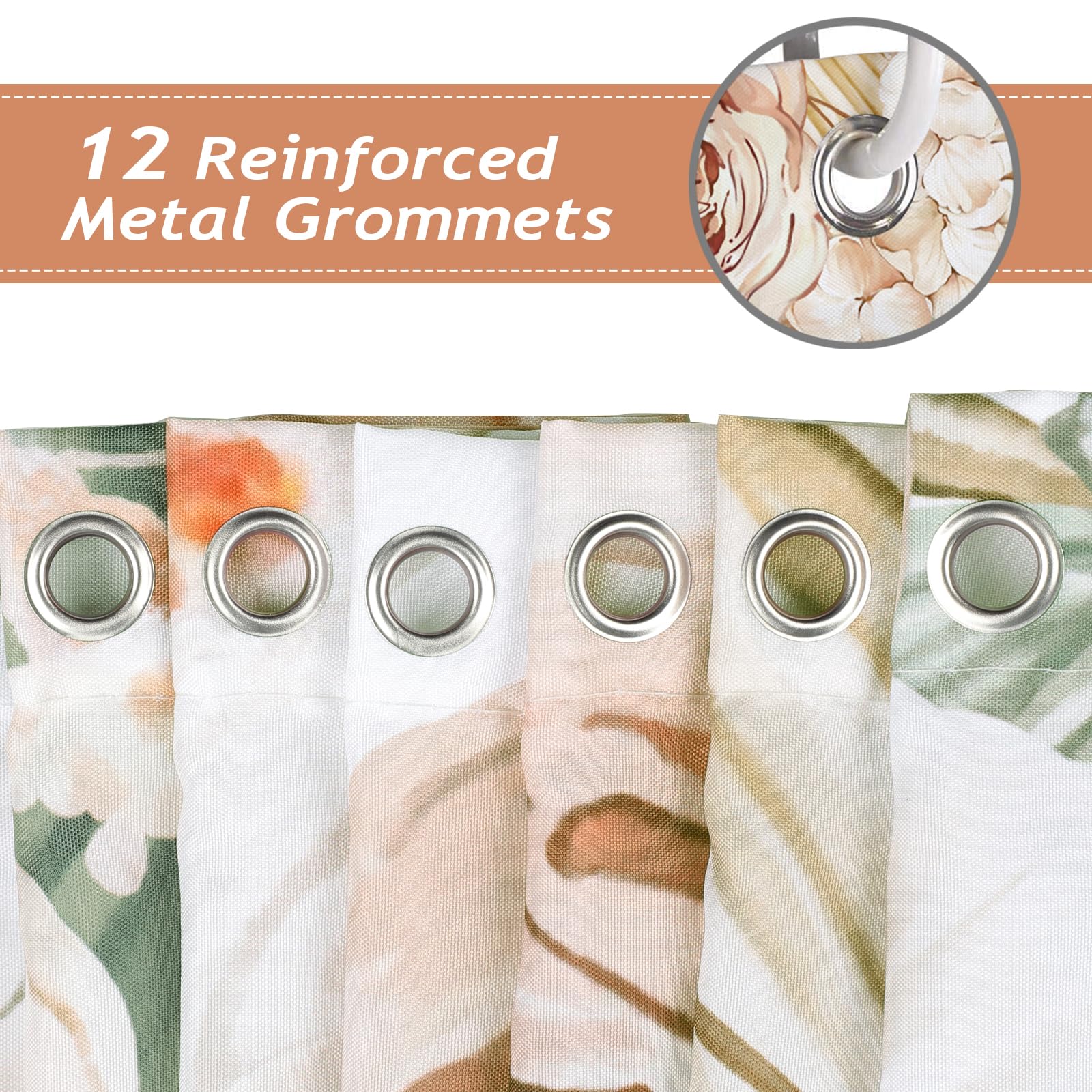 Bonhause Tan Floral Leaf Shower Curtain, Boho Tropical Palm Leaves Farmhouse Bathroom Curtain 72X72 Inch Polyester Fabric Waterp