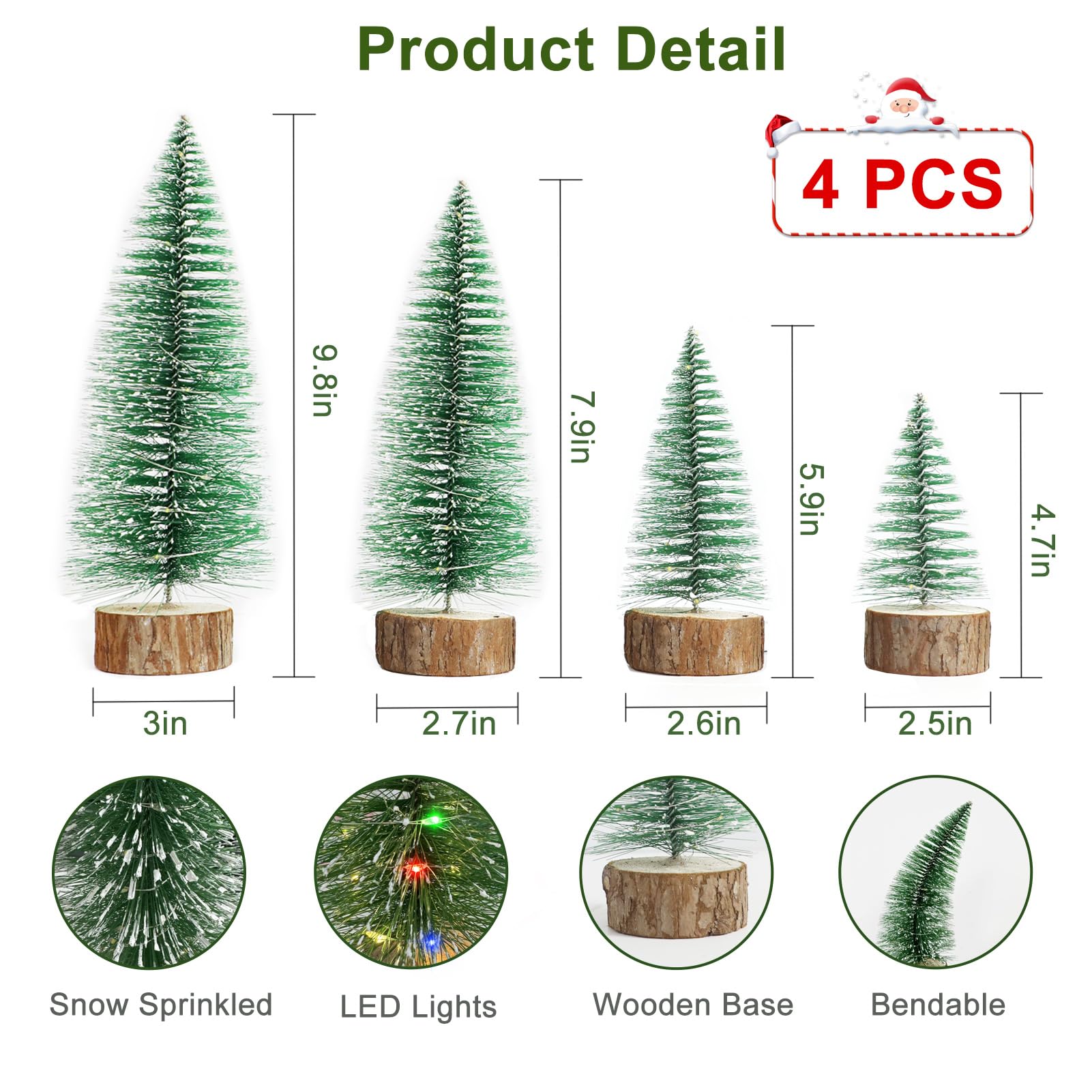 4Pcs Mini Christmas Trees, 2 Modes Timer Bottle Brush Christmas Trees, Artificial Christmas Tree, Mini Snow Frost Trees with Woo
