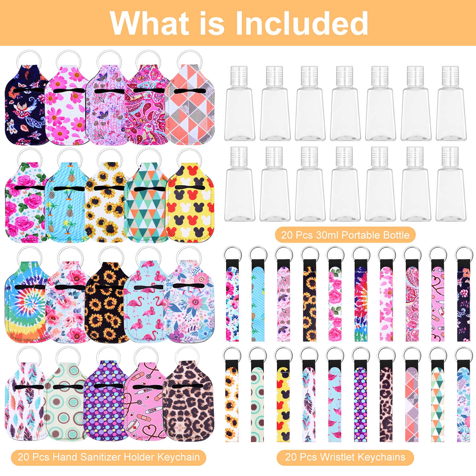 Empty Hand Sanitizer Holders Set 60Pcs, Include 20 Portable Refillable Travel Bottle Container With Flip Cap, 20 Reusable Bottle