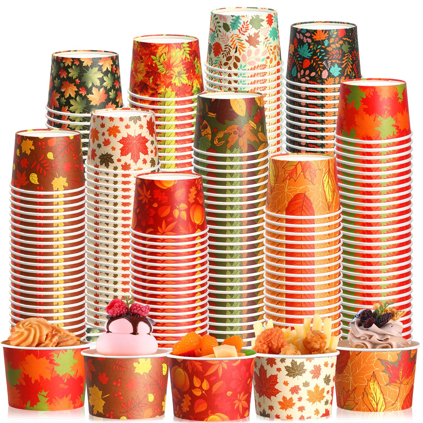 Yungyan 50 Pcs Fall Snack Cups 9 oz Disposable Ice Cream Bowls Pumpkin Maple Leaves Paper Dessert Cups for Thanksgiving Harvest 