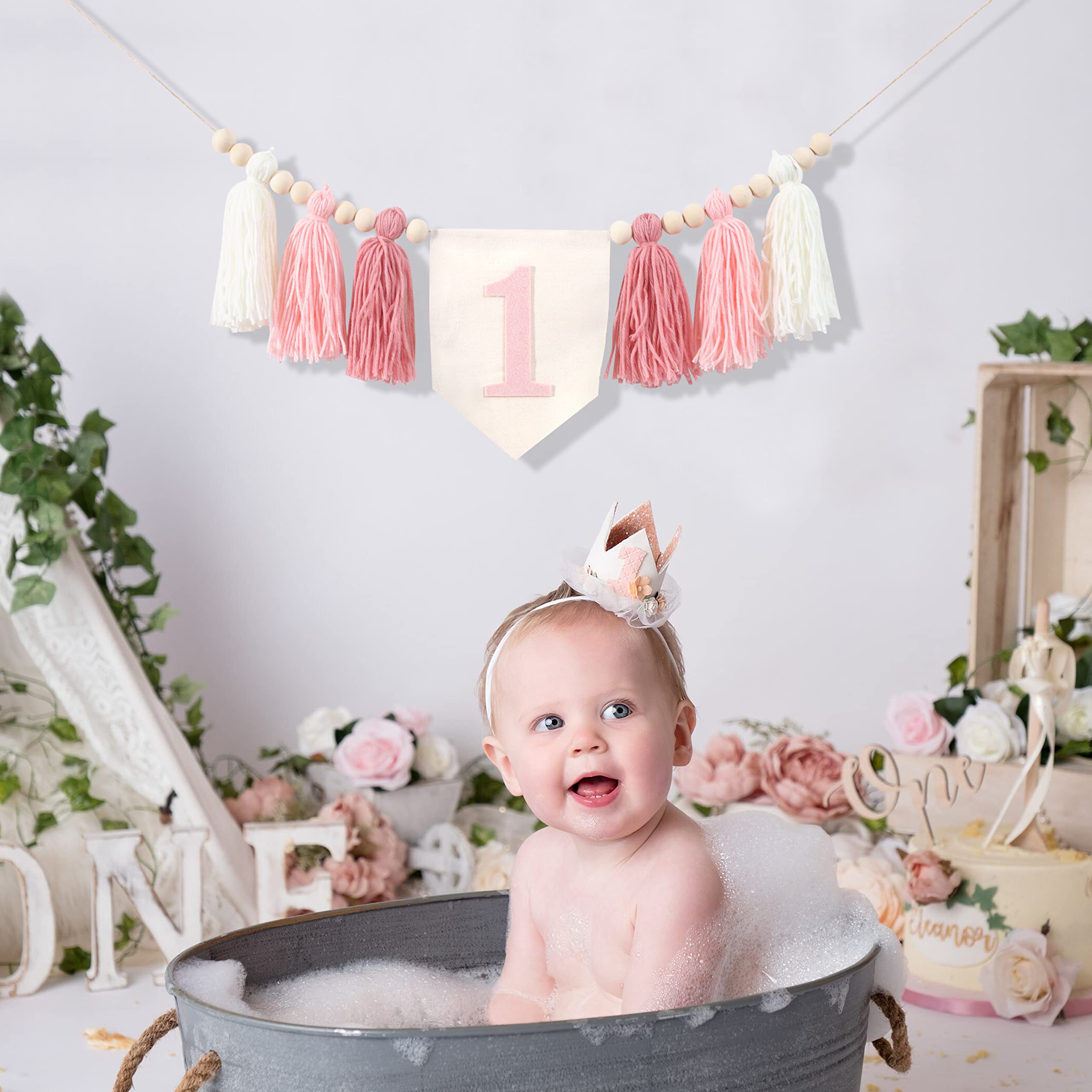 1St Birthday High Chair Banner,Pink Tassel Theme Banner For Girl,1St Birthday Photo Backdrop,Wall Hangings Decorative For Kids B