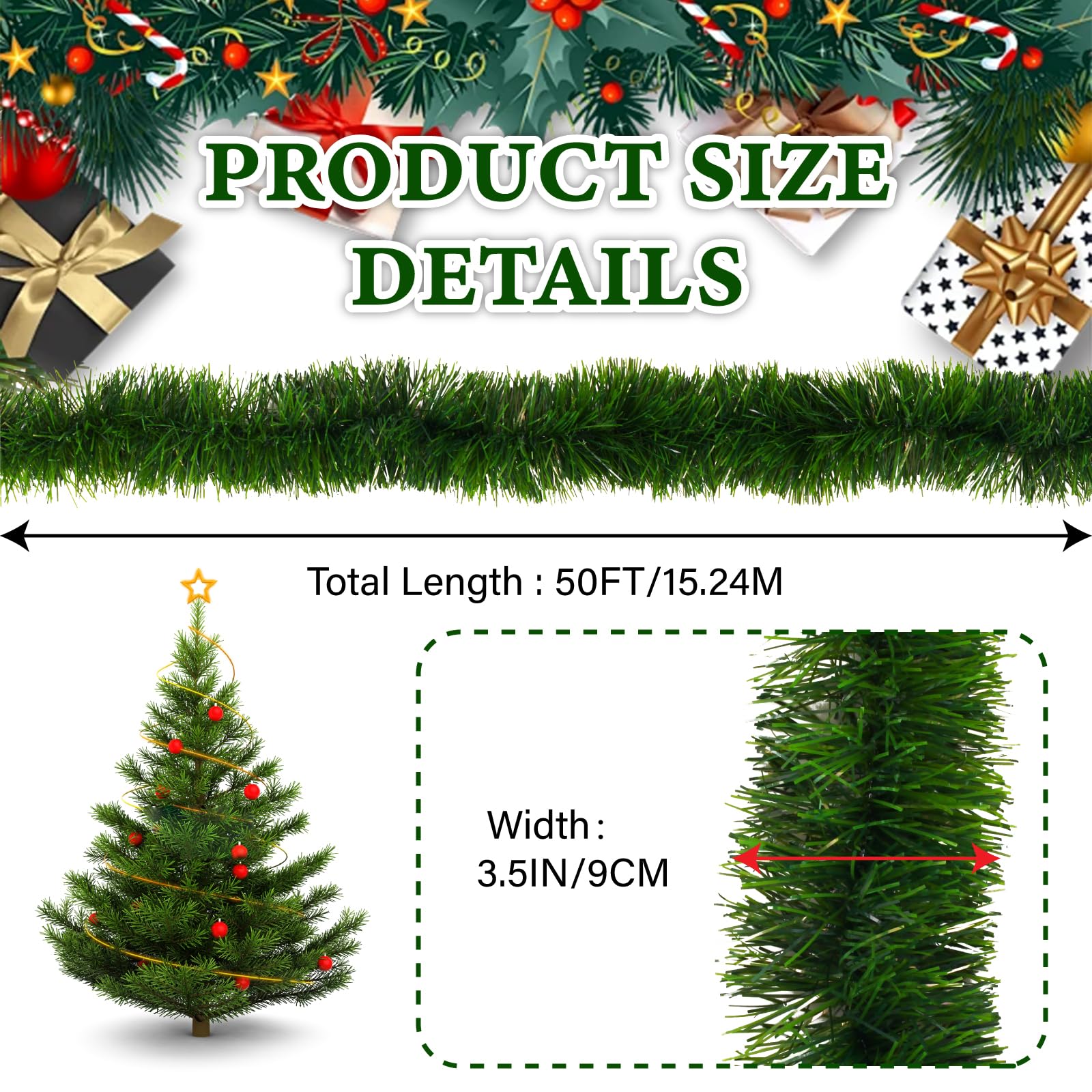 50FT Green Christmas Garland Decorations, Christmas Artificial Pine Greenery Garland Outdoor Indoor Decor, Straight Faux PVC Sof