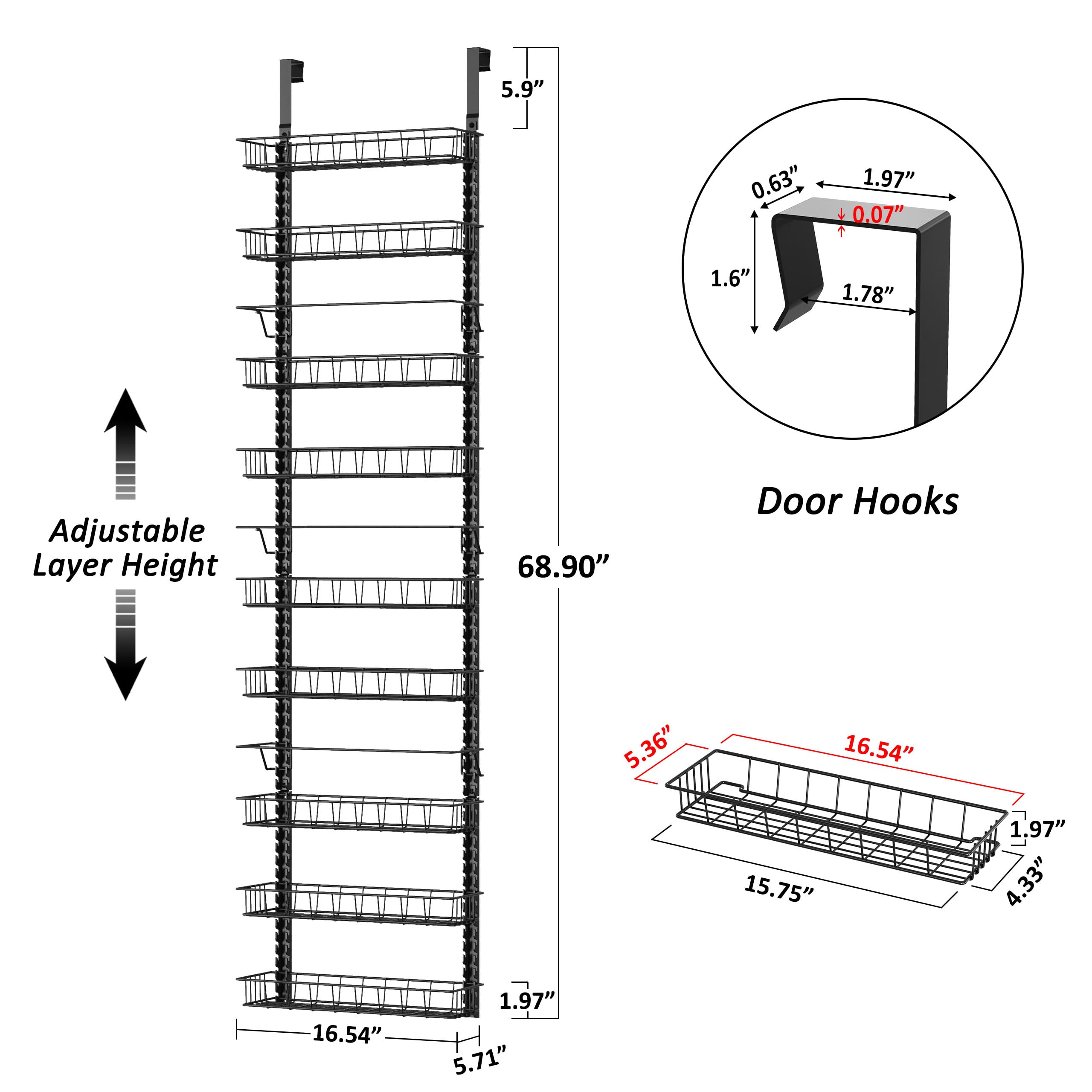 Churboro Over the Door Pantry Organizer Rack with 9 Adjustable Baskets, 9 Tiers Dual-use Hanging or Wall Mount Spice Rack Organi