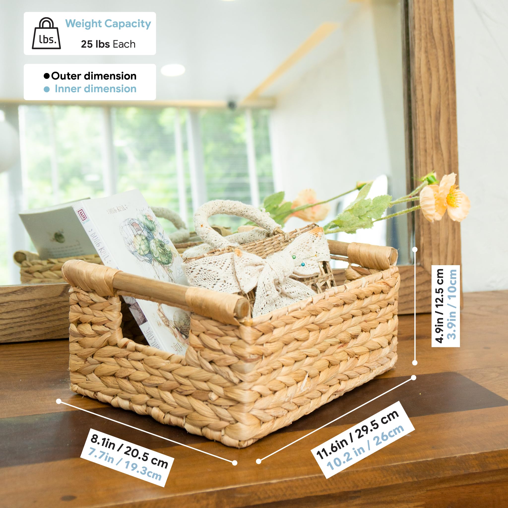 VATIMA Hyacinth Small Wicker Basket 11.6x8.1x4.9'' - Bathroom Organizer  Wooden Handle  Decorative Storage