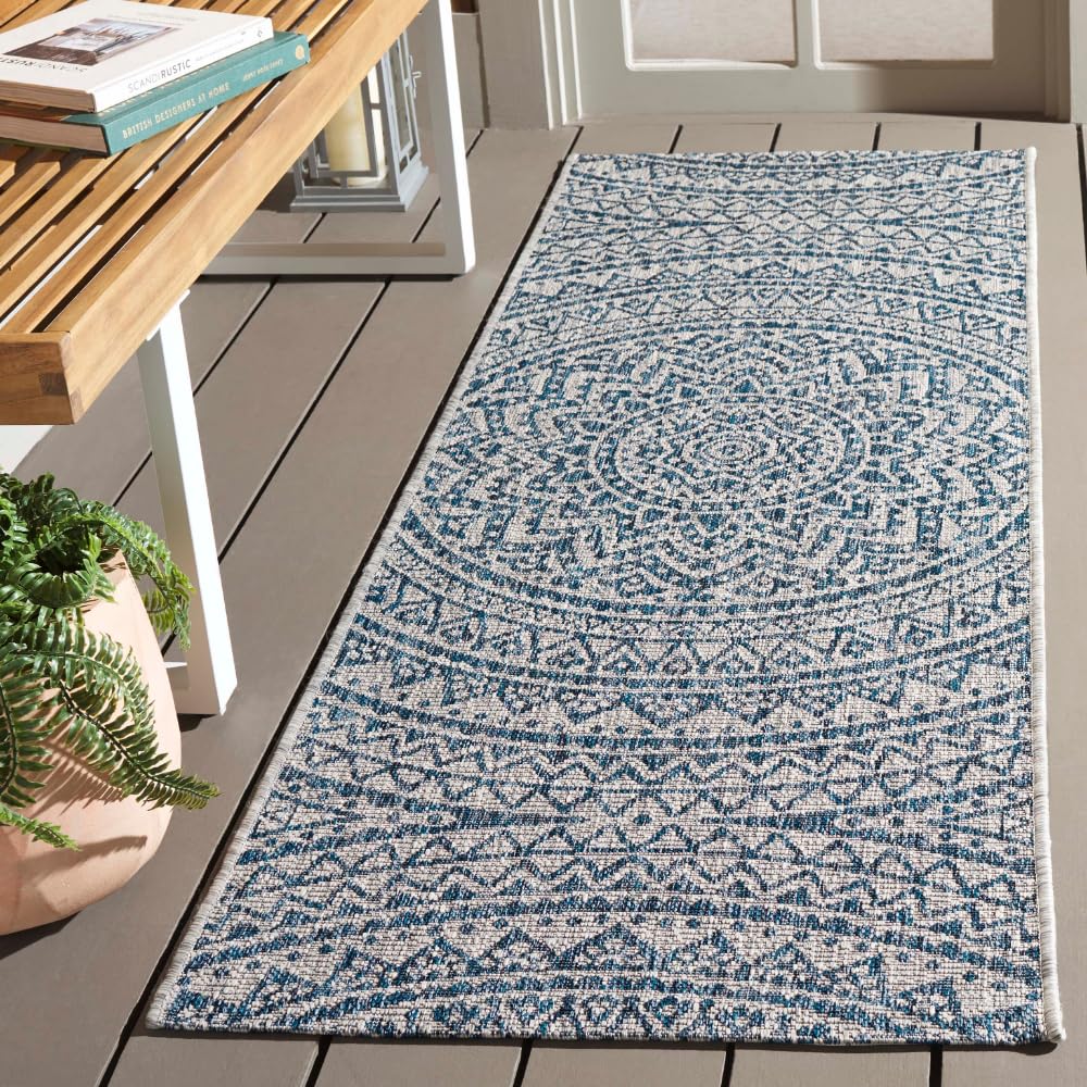 SAFAVIEH Courtyard Collection Runner Rug - 23 x 16, Light Grey & Blue, Non-Shedding & Easy Care, Indoor/Outdoor & Washable-Ide