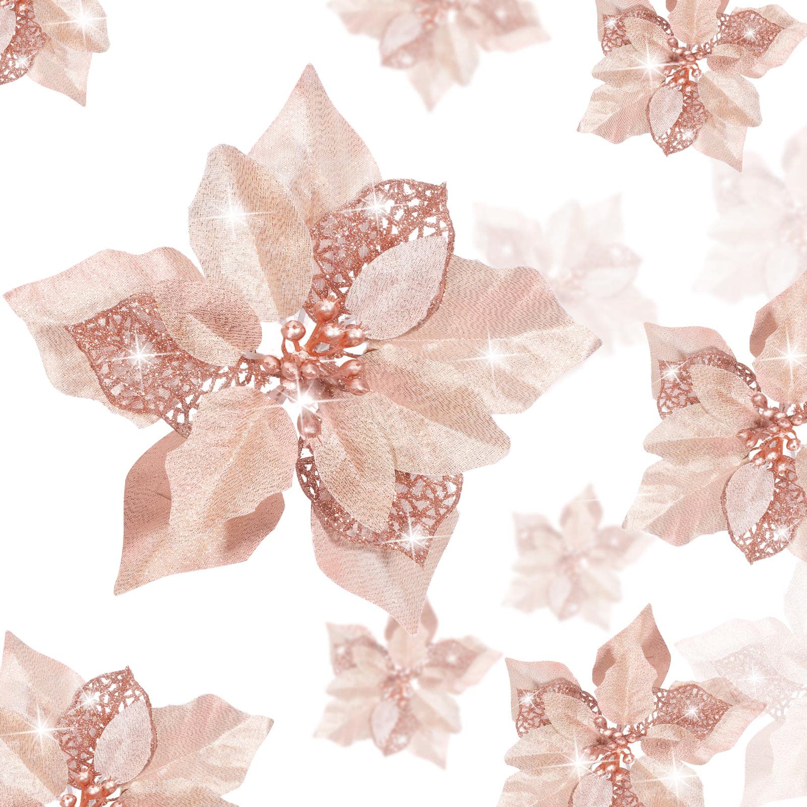 Boao 24 Pieces Christmas Artificial Glitter Poinsettia Flowers Xmas Flowers Wedding Christmas Tree New Year Ornaments(Rose Gold)