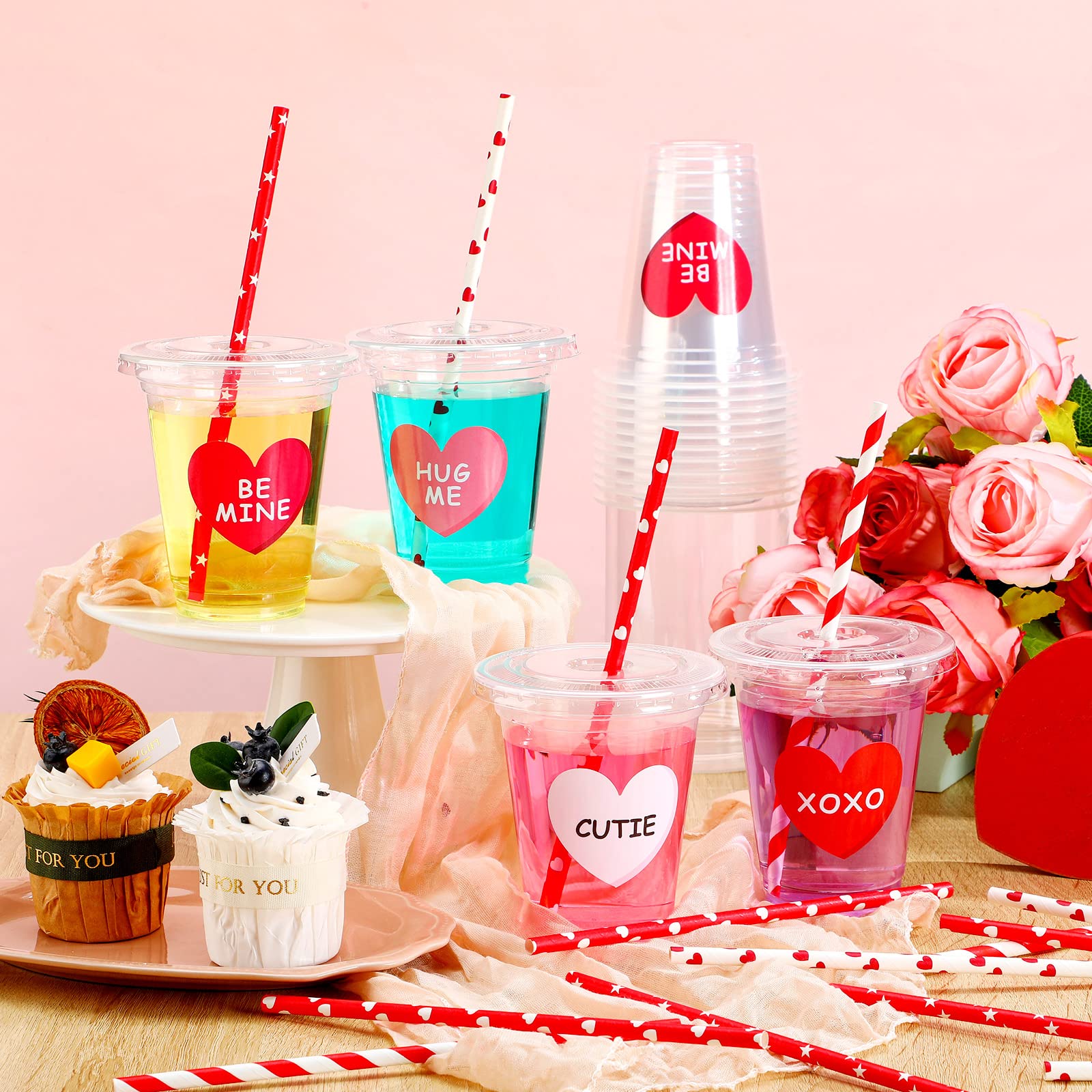 Eaasty 60 Sets Valentine'S Day Disposable Cups With Lid And Straws,12 Oz Clear Plastic Valentines Cups With Heart Shaped Sticker
