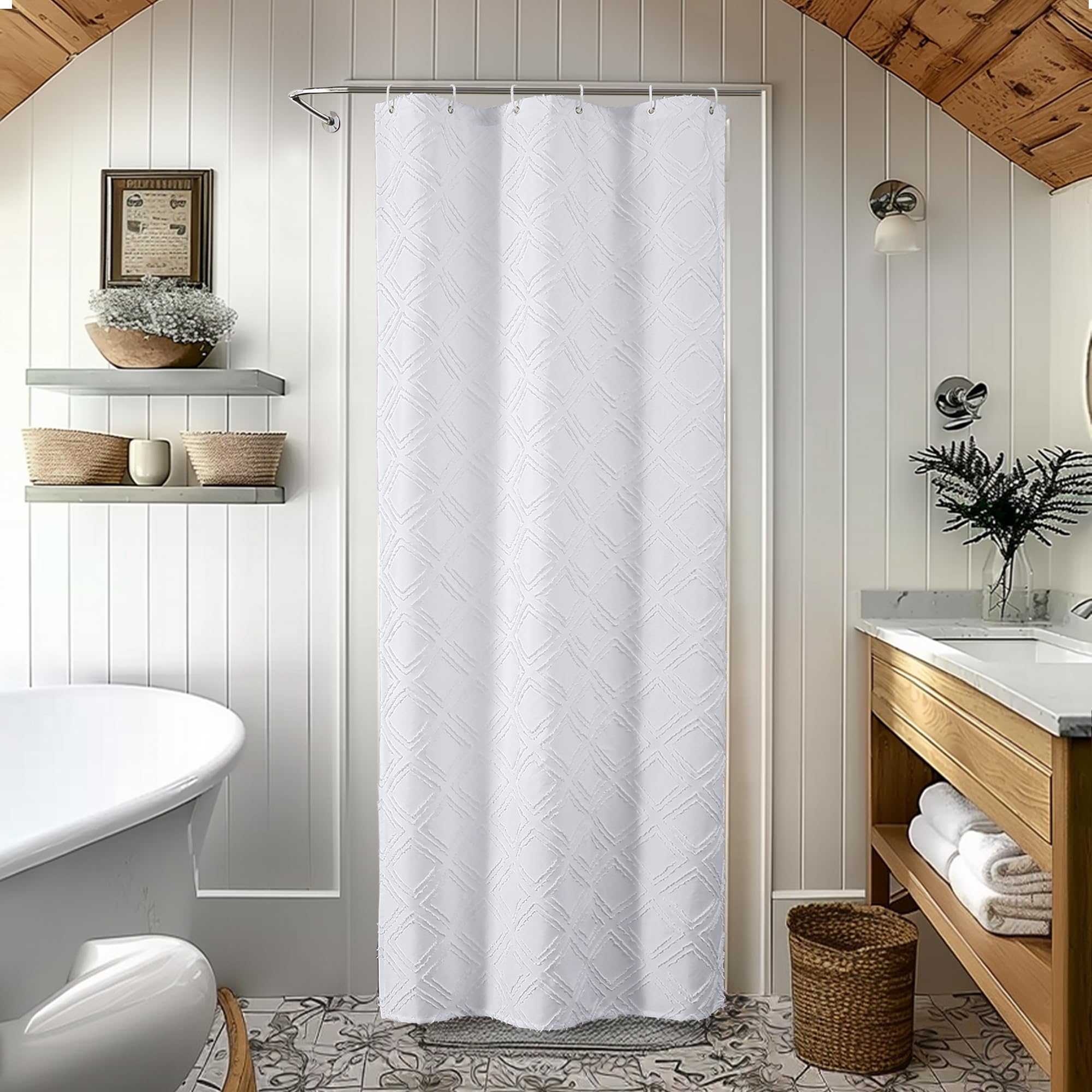 Owenie White Shower Curtain Set, Jacquard Geometric Textured Fabric Boho Shower Curtains For Bathroom, Soft Hotel Style Farmhous
