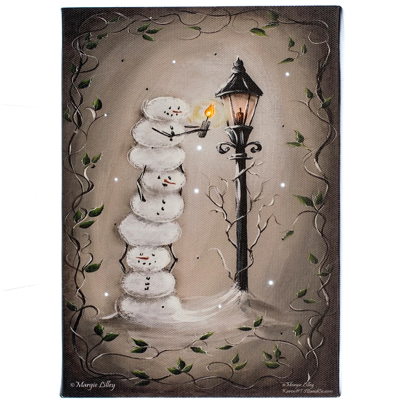 Small Lighted Wall Art With Stand With Timer, Mdf Wood Framed, Ready To Hang, The Cute Snowmen Stacked High And Illuminating The