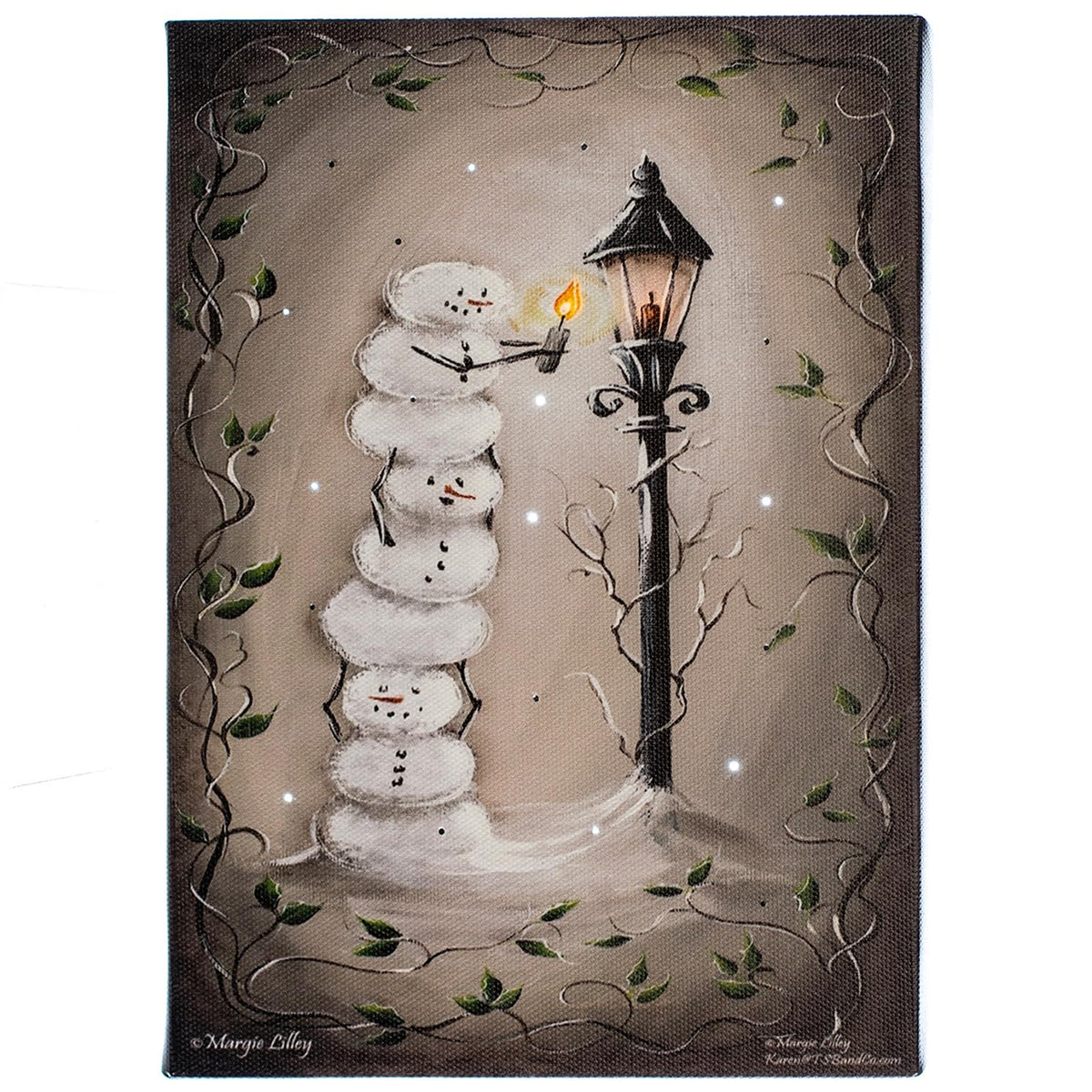 Small Lighted Wall Art With Stand With Timer, Mdf Wood Framed, Ready To Hang, The Cute Snowmen Stacked High And Illuminating The