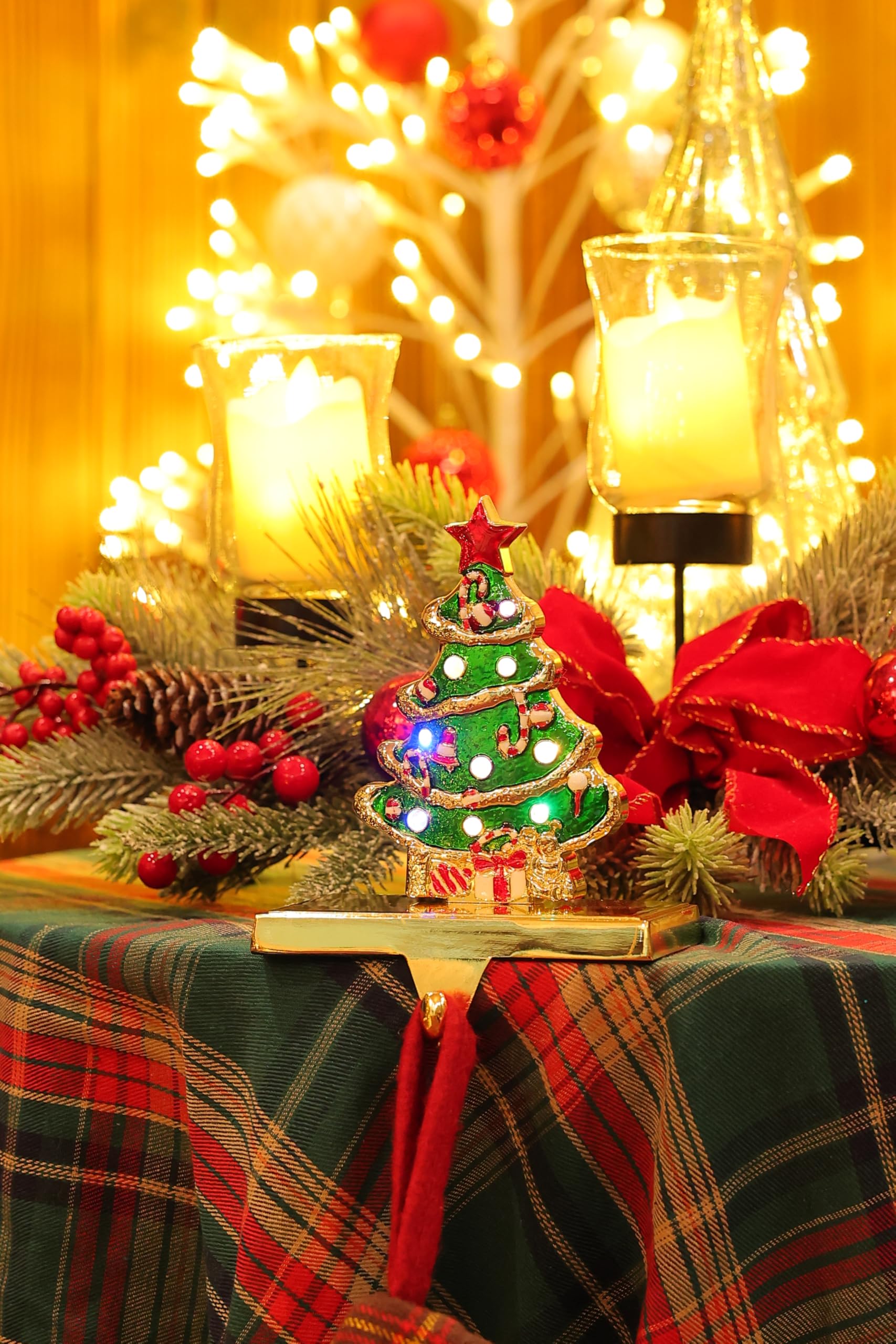 Amooca Christmas Stocking Holders Non-Slip Metal Hooks LED Lights Tree Decor Fireplace Mantle Stocking Hanger for Party Decorati