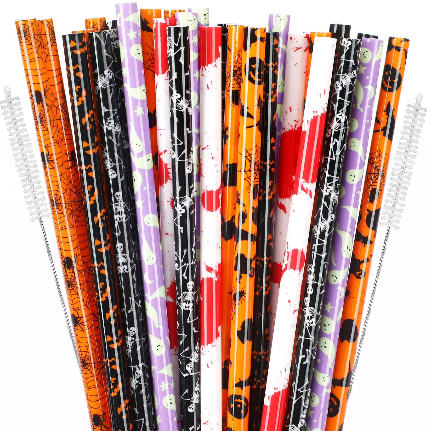 Janyun 30 Pcs Halloween Reusable Straws 9Inch Pumpkin Bat Skeleton Spider Printing Hard Plastic Drinking Straw For Mason Jar Tum