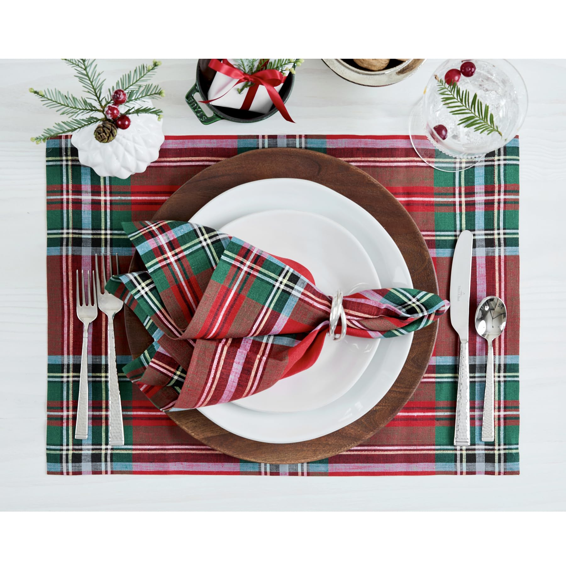Solino Home Linen Placemats Set Of 4-100% Pure Linen Red Madras Holiday Plaid Cloth Placemats 19'' L X 14'' W Inch - Handcrafted