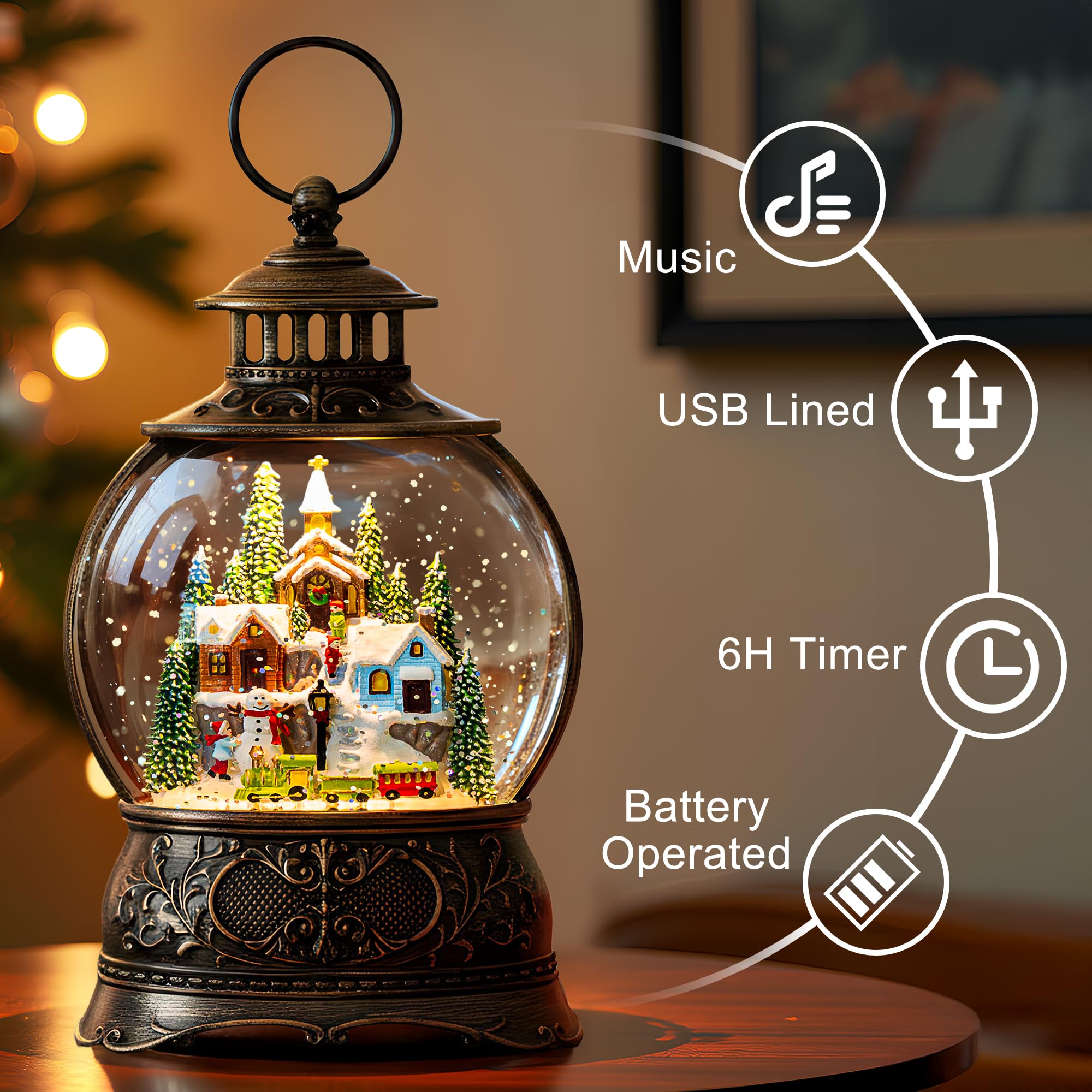 Christmas Snow Globe Water Lantern with Mountain Village and Train Scene Battery Operated or USB Powered Musical Lighted Holiday