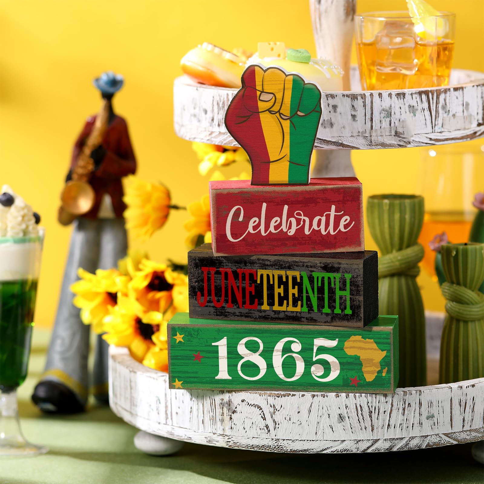 4 Pcs Juneteenth Table Decorations Juneteenth Tiered Tray Decor Rustic 1865 Freedom Wood Block Sign June 19th Table Centerpiece