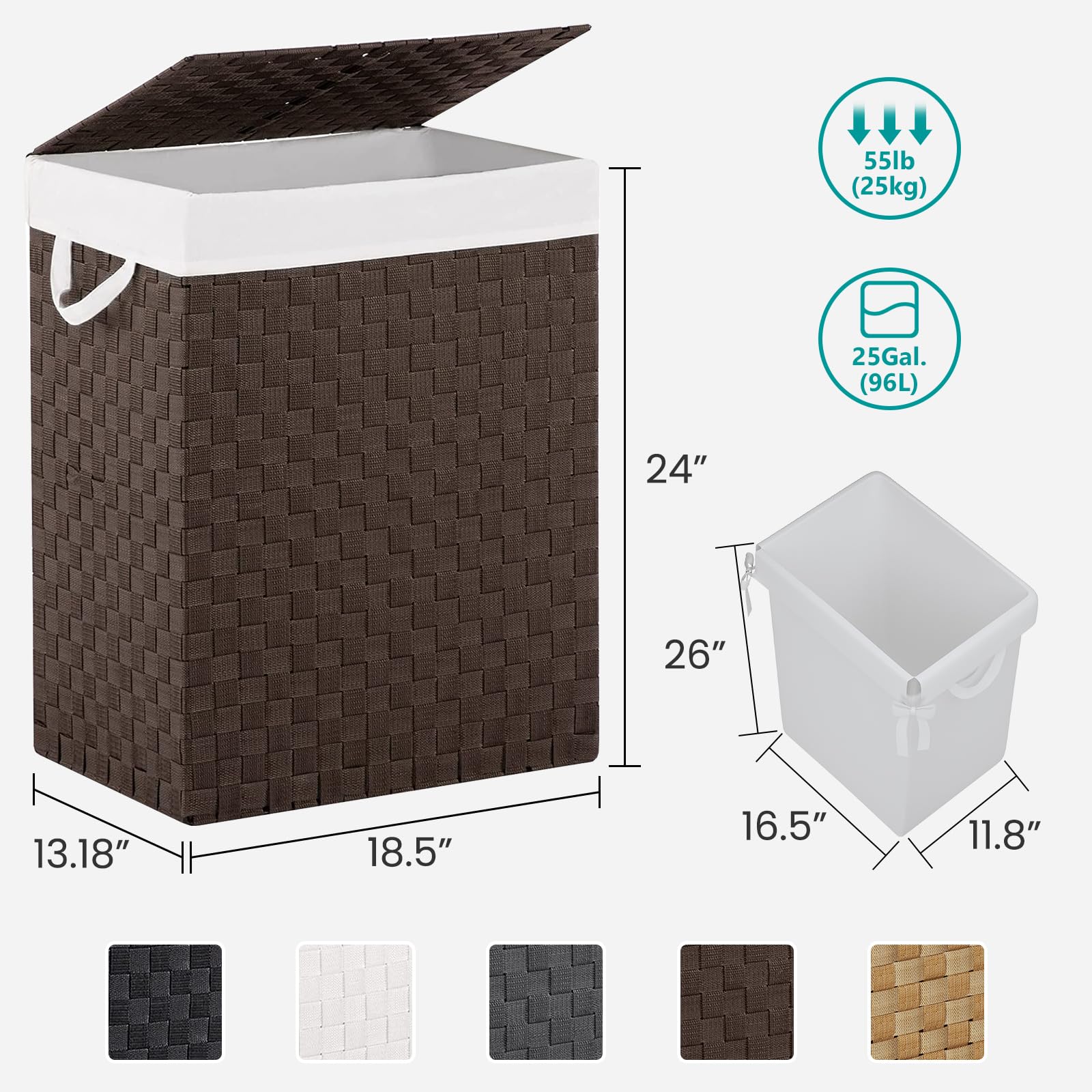 Laundry Hamper Basket with Lid by Fiona's magic  Handwoven Large Clothes Hamper with Removable Liner Bags  Collapsible Tall Hamper for Bedroom  Bathroom and Dorm Organizer  90L  Brown
