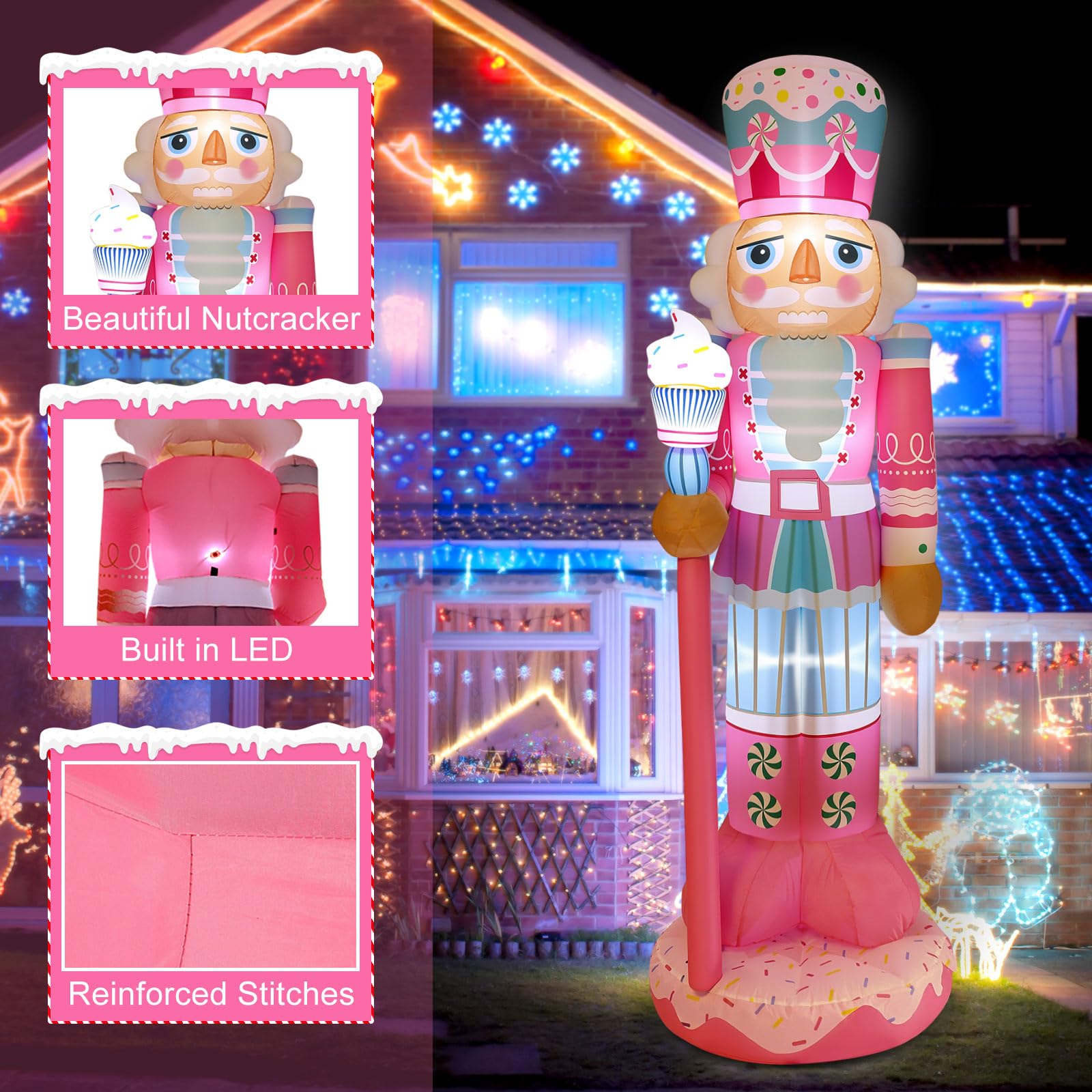 Geyoga 8FT Christmas Inflatable Outdoor Decoration Pink Nutcracker Hold Cake Cane Blow Up with LED Lights Inflatable Nutcracker