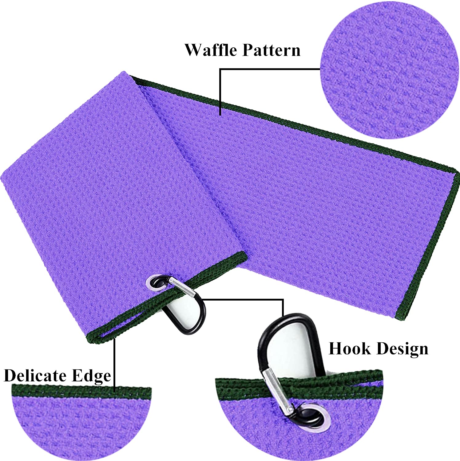 Vividly 2 Pack Tri-Fold Golf Towels, Premium Microfiber Fabric Waffle Pattern With Black Heavy Duty Carabiner Clip, Purple Golf