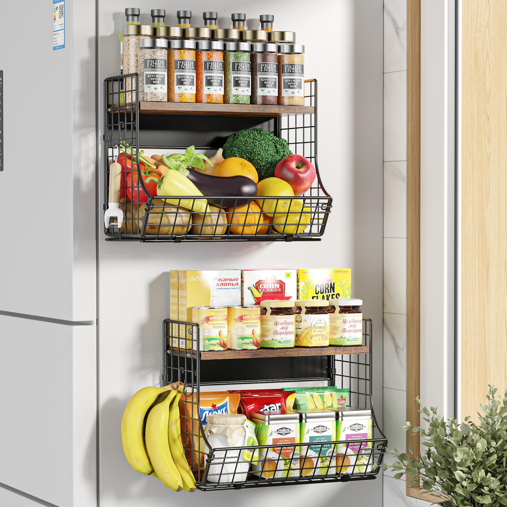 2 Pack Magnetic Shelf for Fridge with Wood Lid, Fruit Potato and Onion Storage Bins, Pantry Organizers and Storage, Strong Magne