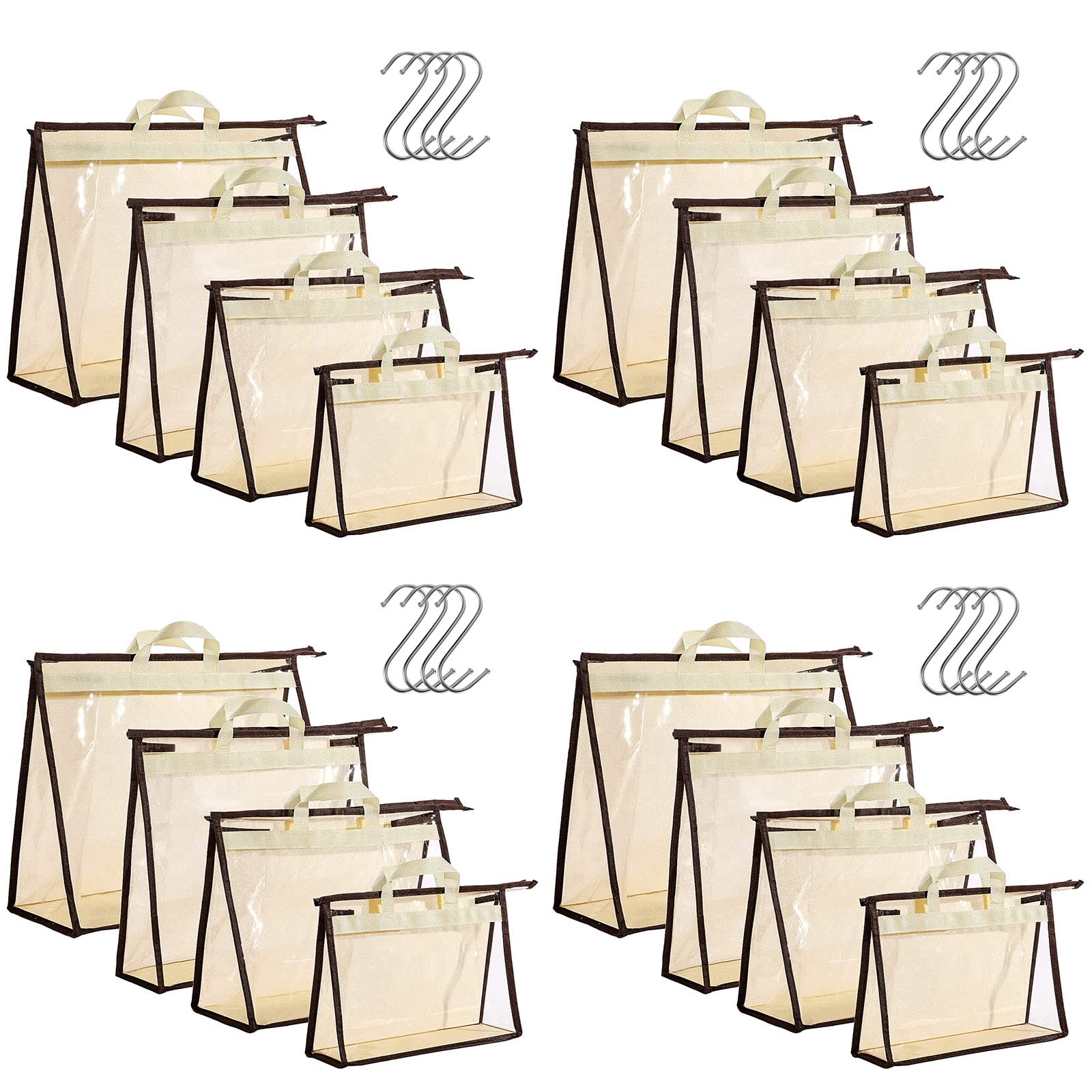 16 Pack Clear Handbag Storage Organizer and 16 Stainless Steel S-Hooks Anti-dust Purse Storage Bags with Zipper and Handle Moist