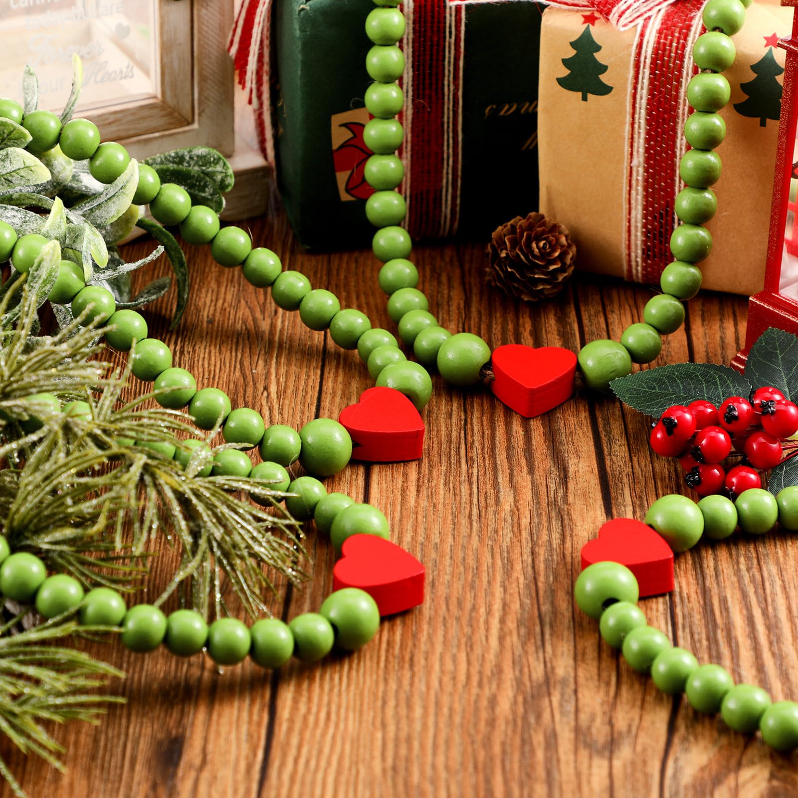 Yalikop 12 ft Christmas Wooden Beads Garland Green Christmas Tree Beads Red Heart Green Geek Decoration for Xmas Tree Home Mante