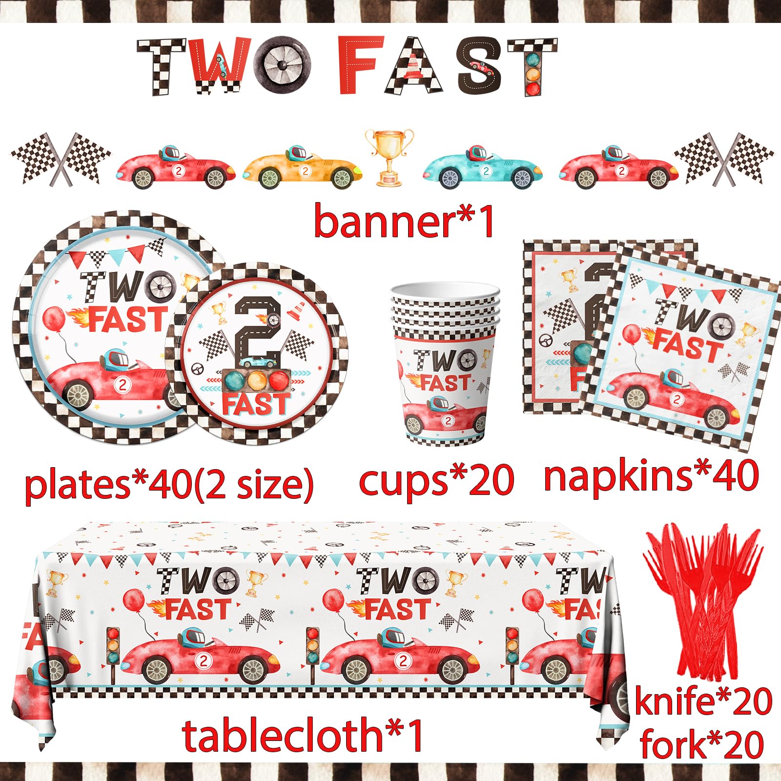 Two Fast Birthday Party Supplies, 142Pcs Race Car 2Nd Birthday Decorations Tableware Kit Includes Race Car Plates Napkins Tablec