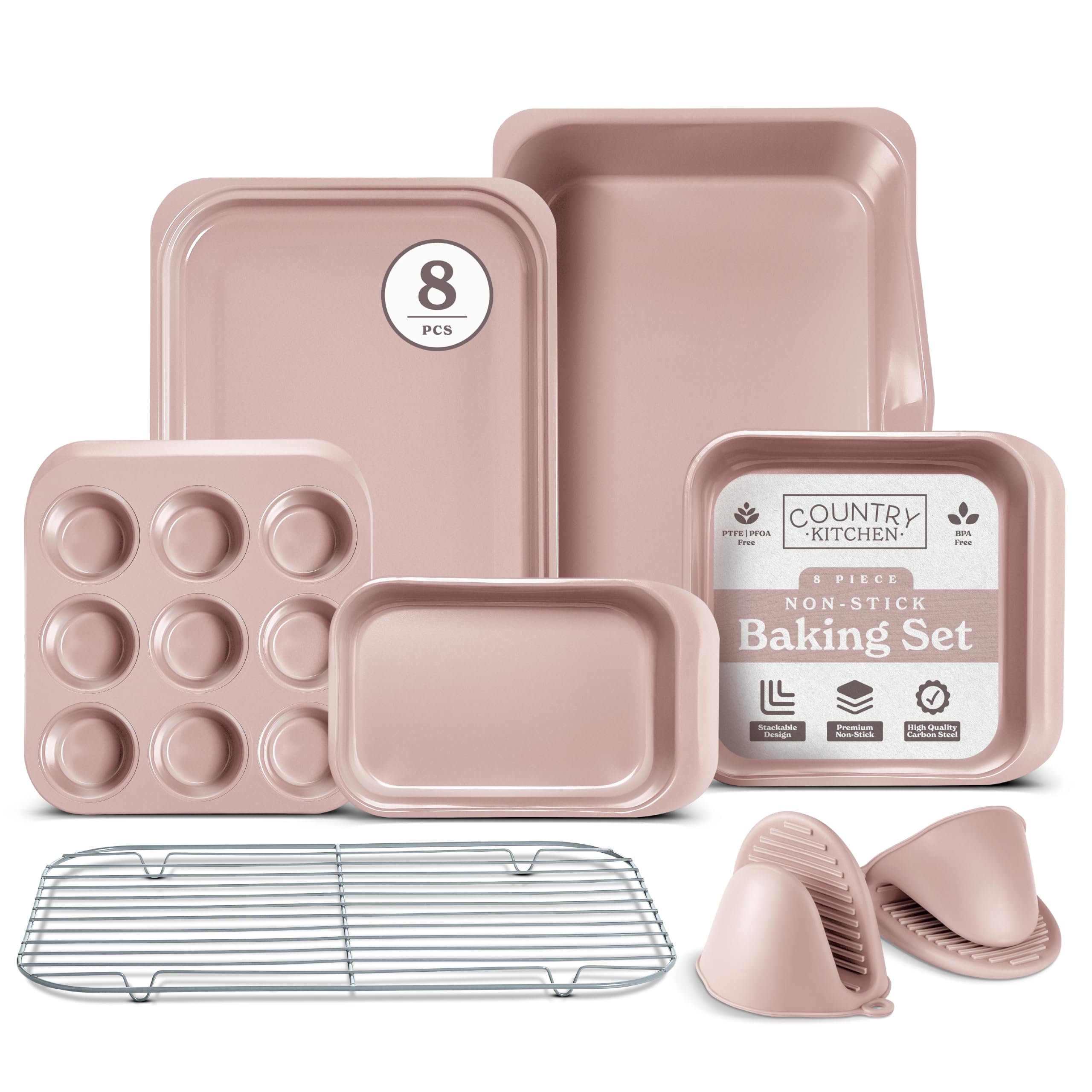 Country Kitchen Nonstick Stackable Bakeware Set  Deluxe Heavy Duty, Durable, Easy Release Baking Set, 8 Pcs, Pink