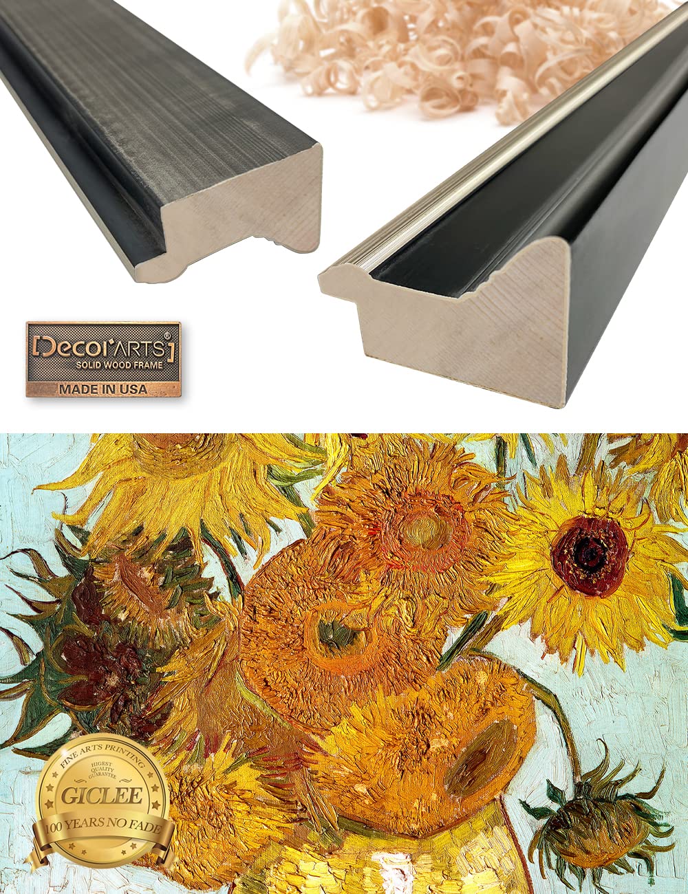 Decorarts - Twelve Sunflowers By Vincent Van Gogh Art Reproduction. Solid Wooden Framed Giclee Print Artwork On Acid Free Cotton