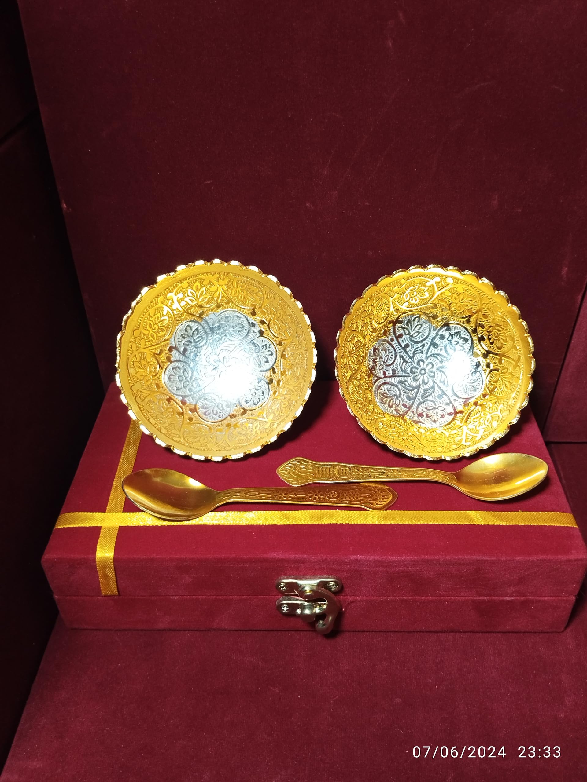 SS DECORATION Brass Floral Bowl Set with Tray and Spoon Pack Used for Diwali Gifting Dry Fruit, Sweets and Home Decor