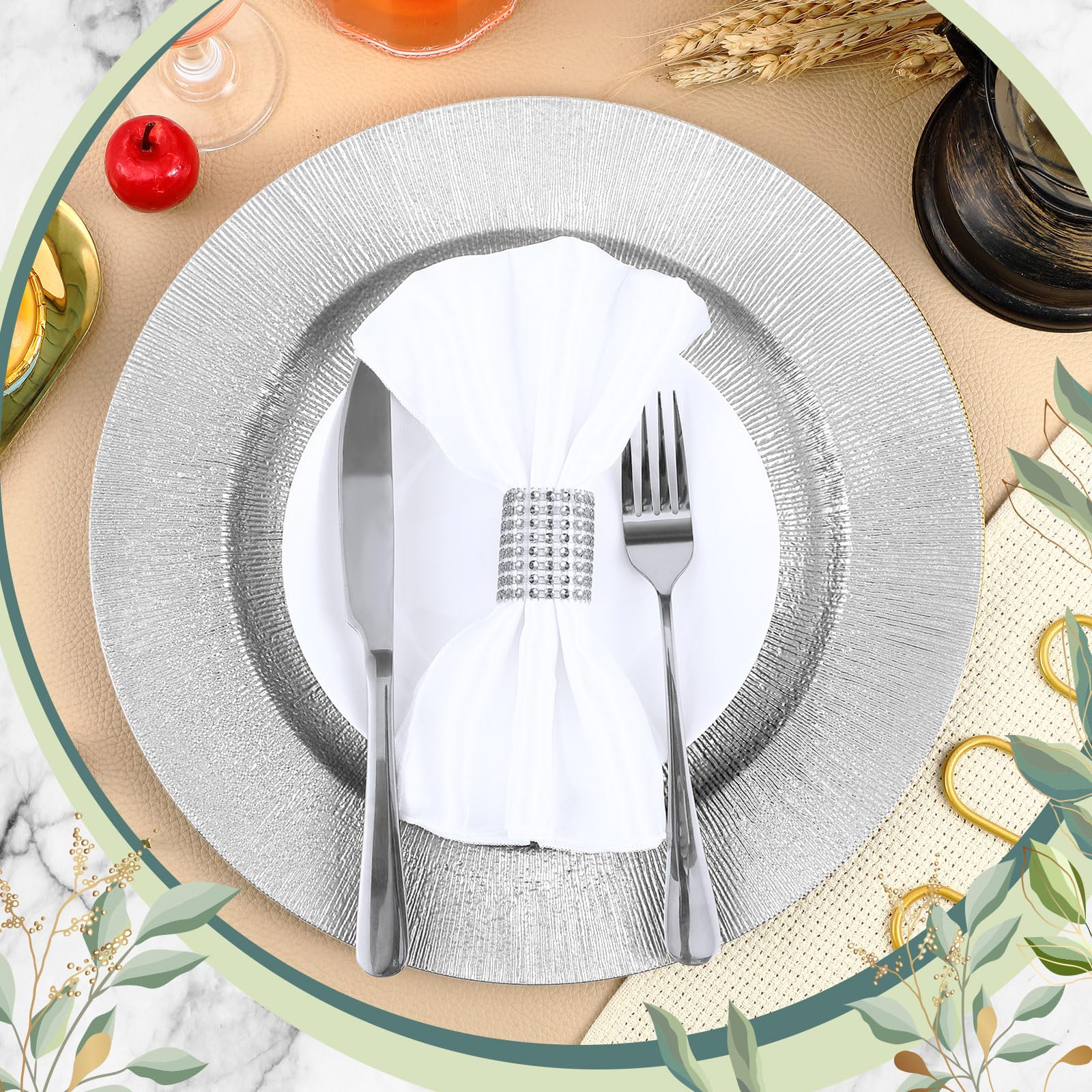 Tanlade 100 Pcs Silver Charger Plates Bulk, 13 Round Plastic Dinner Charger Plate, Shiny Silver Table Chargers Serving Plate Cat
