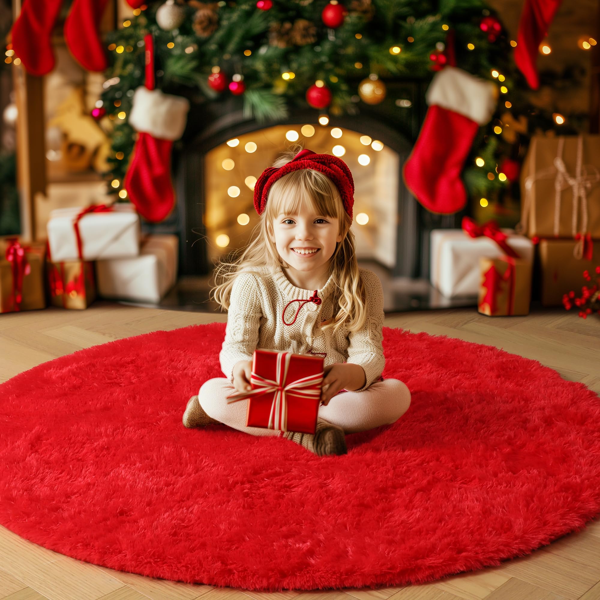 Red Circle Round Rug 7Ft for Living Room Bedroom, Large Fluffy Shag Area Rugs for Kids Room Decor Aesthetic, Fuzzy Plush Fur Car