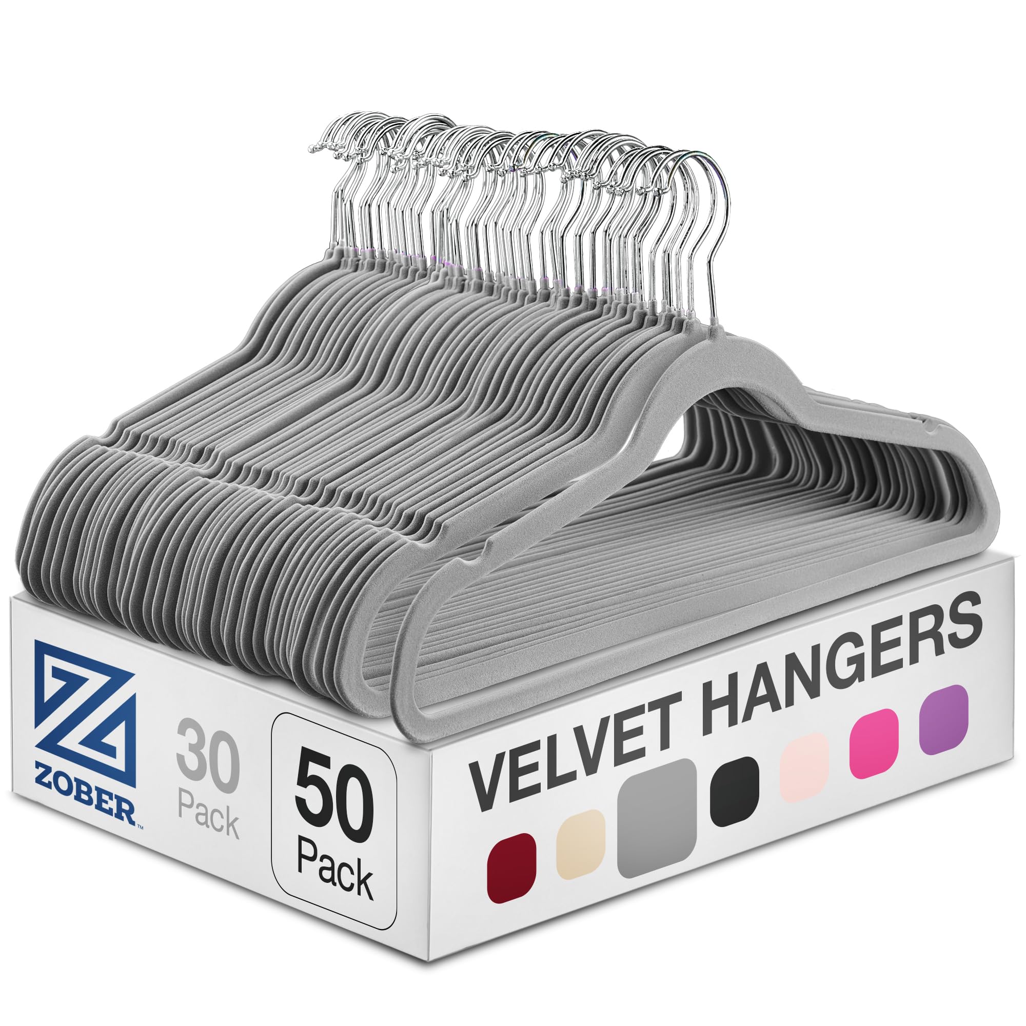 Zober Velvet Hangers 50 Pack - Heavy Duty gray Hangers for coats  Pants & Dress clothes - Non Slip clothes Hanger Set - Space Saving Felt Hangers for clothing