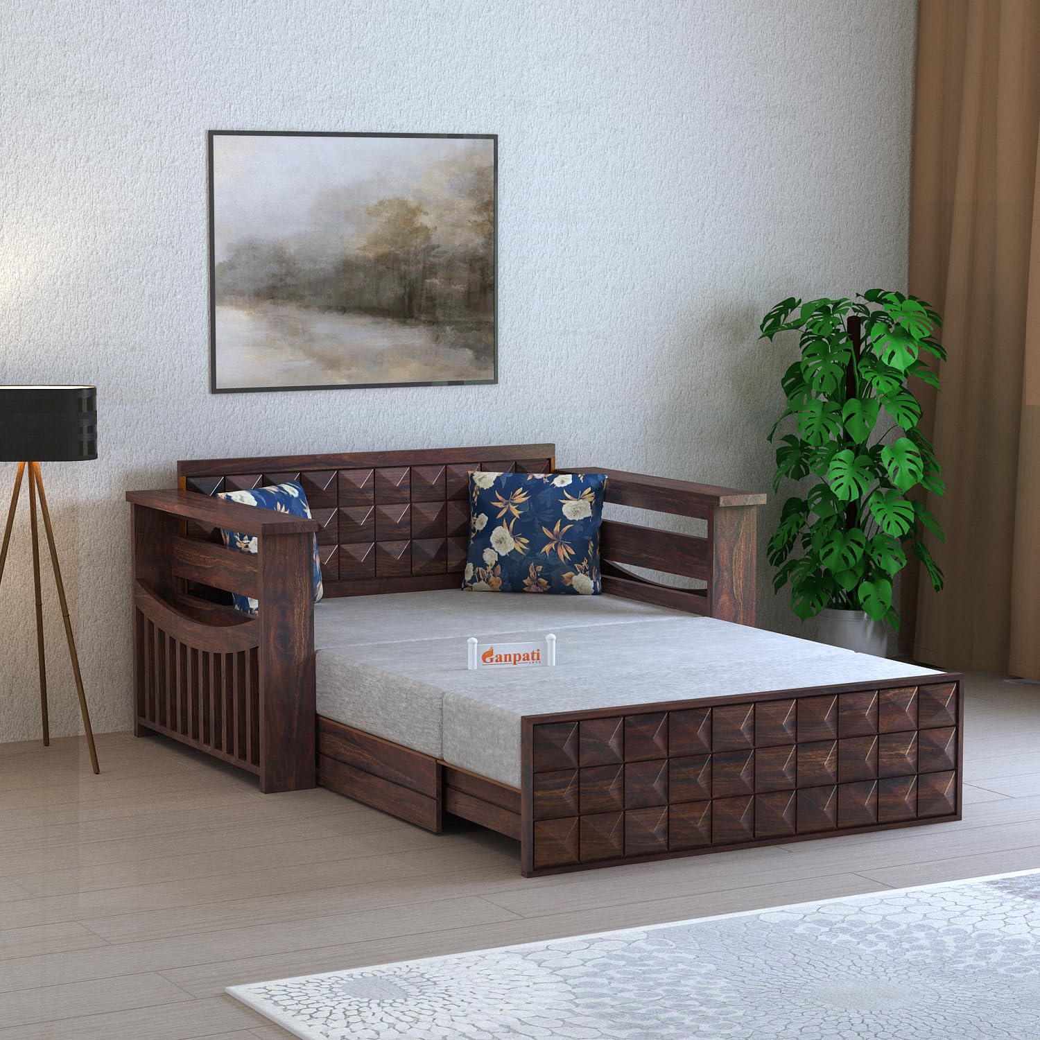 Ganpati Arts Sheesham Wood Oslo 2Person Sofa Diamond Sofa Cum Bed With Storage And Side Pockets For Living Room Wooden Sofa Cum