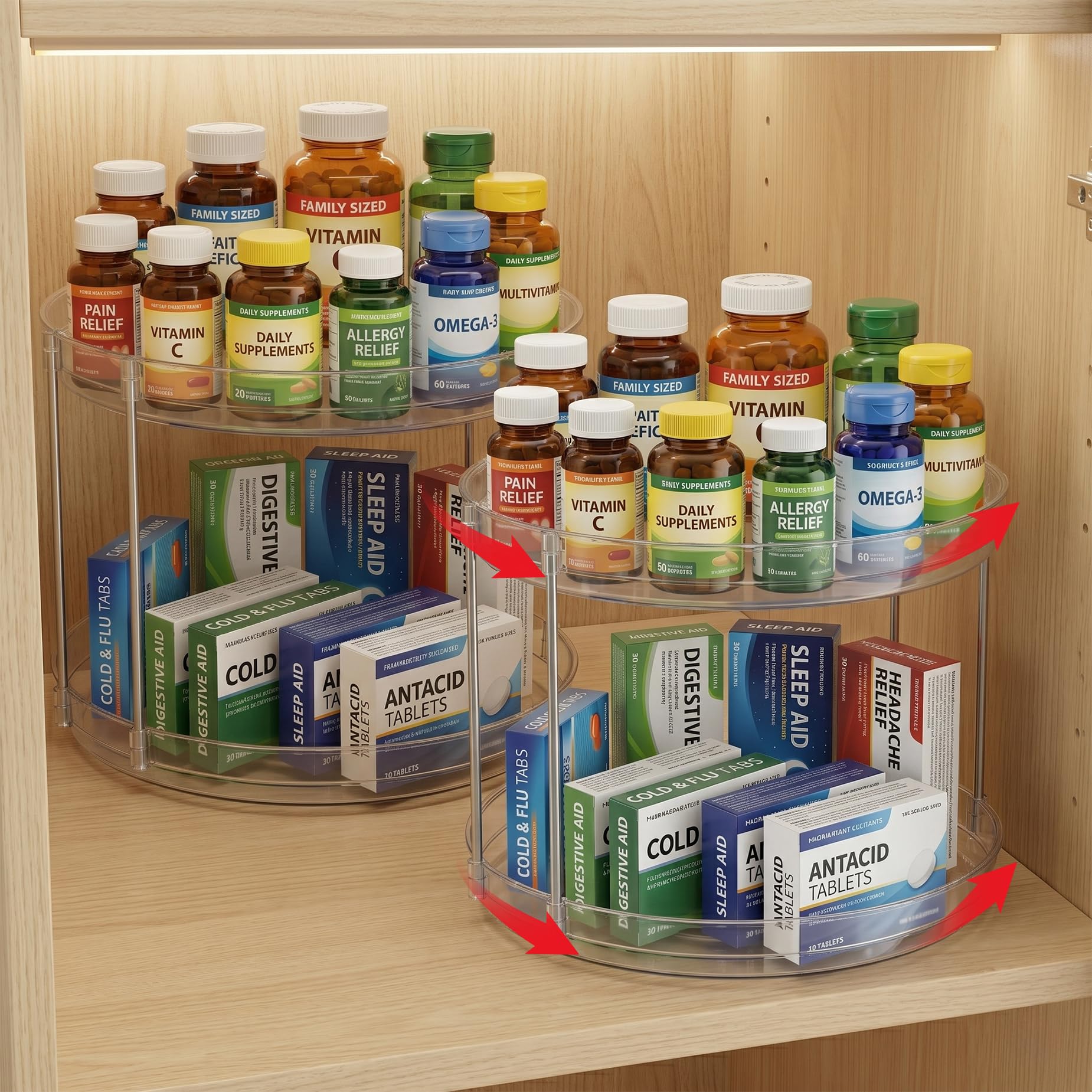 Legrape 2 Pack 2Tier Medicine Cabinet Organizer, Rotary Turntable Organizers for Medicine and Vitamin Bottles, Under Sink Organ