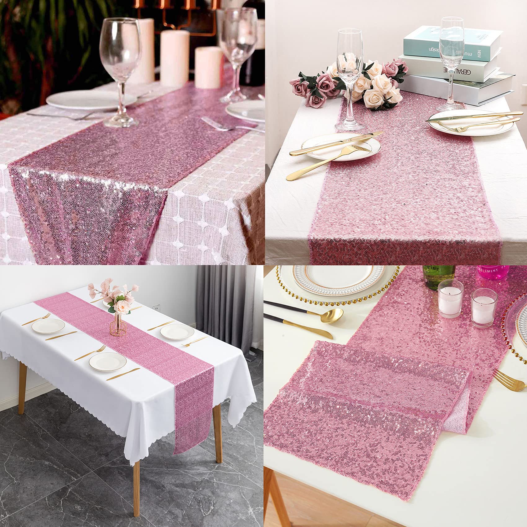12 Packs 12 X 108 Inch Pink Sequin Table Runner Glitter Dining Table Runner For Birthday Wedding Engagement Bridal Baby Shower B