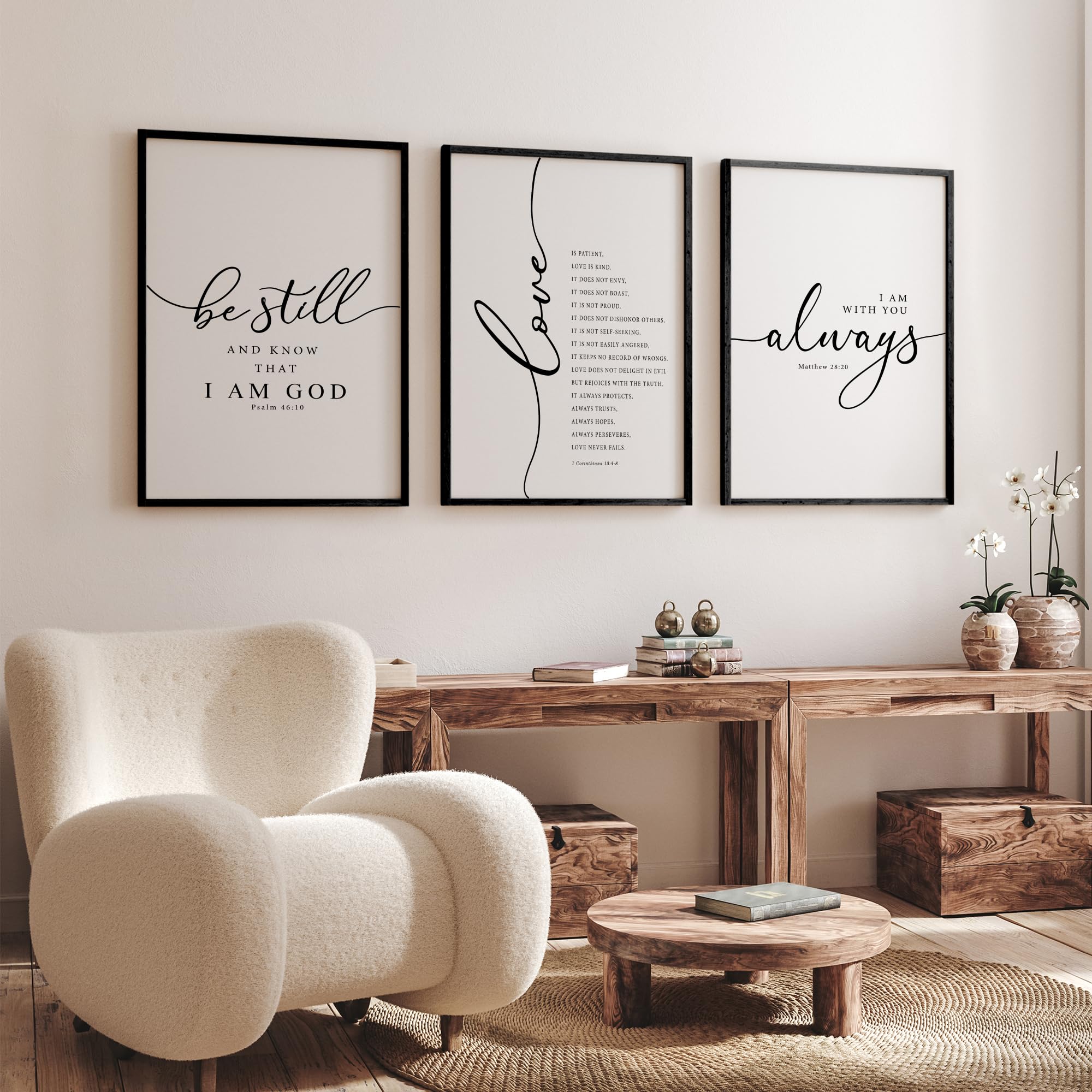 Heiple Framed Be Still and Know that I am God Sign Love is Patient Love is Kind Wall Art Set of 3 Prints for Home Bedroom Decor
