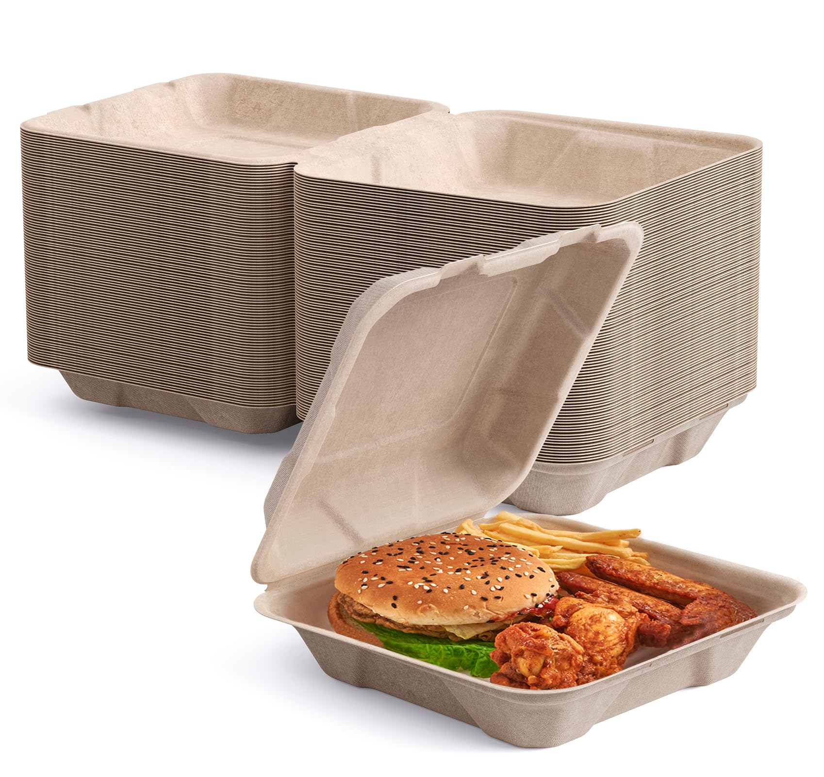ECOLipak 50 Pack Clamshell Take Out Food Containers  100% Compostable Disposable To Go Containers  8X8 Heavy-Duty To Go Boxes  Eco-Friendly Biodegradable To Go Containers For Food