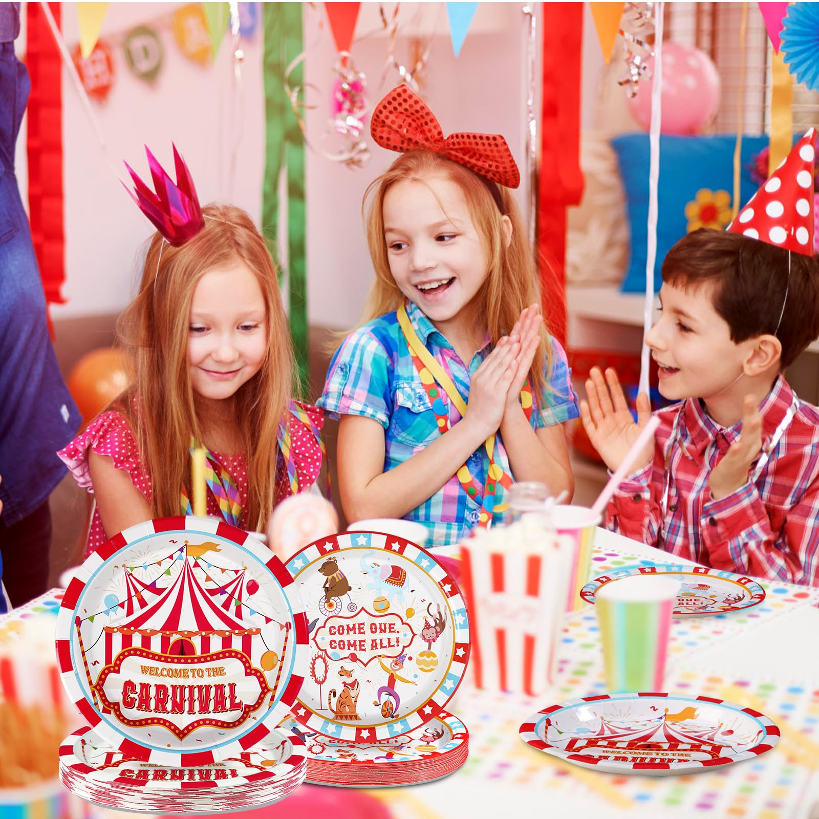 Grencian 96Pcs Carnival Party Decorations Carnival Circus Plates and Napkins Disposable Circus Theme Birthday Paper Tableware Se