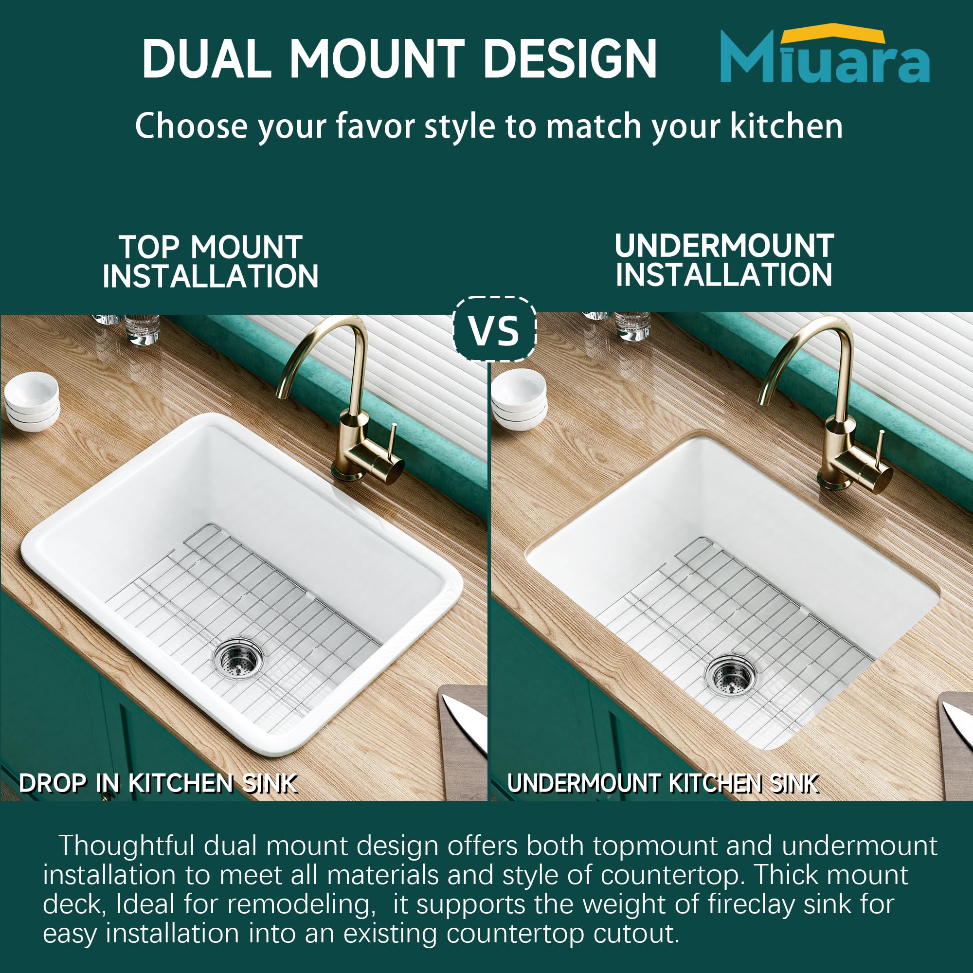 Miuara White Undermount Kitchen Sink 24 Inch - Laundry Sink Drop In 24''X19'', 10'' Deep Small Bar Sink Dual Mount, Single Bowl